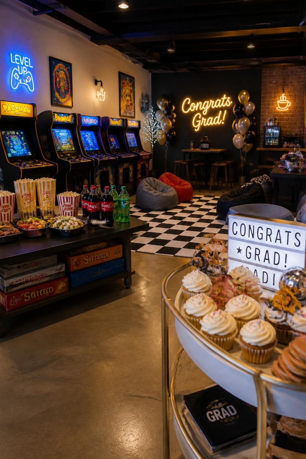 A realistic DSLR photo of a college graduation party arcade lounge with colorful retro game machines, board games, snack trays, neon-style signs, bean bags, checkerboard rug, popcorn boxes, bottled sodas, and a mini dessert cart, playful modern lighting, realistic indoor party setup, no people.