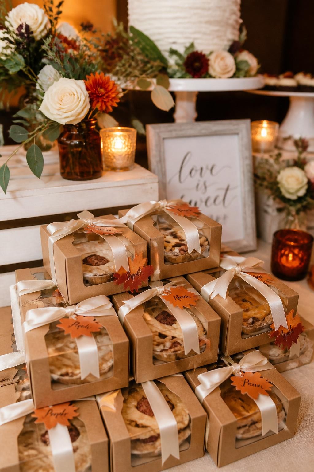 Realistic DSLR photo of small kraft pie boxes with clear windows showing mini apple, pecan, and pumpkin hand pies inside, tied with ivory ribbon and tiny fall leaf tags, stacked on a dessert favor table with cake stands, candles, and warm autumn florals, cozy reception atmosphere.