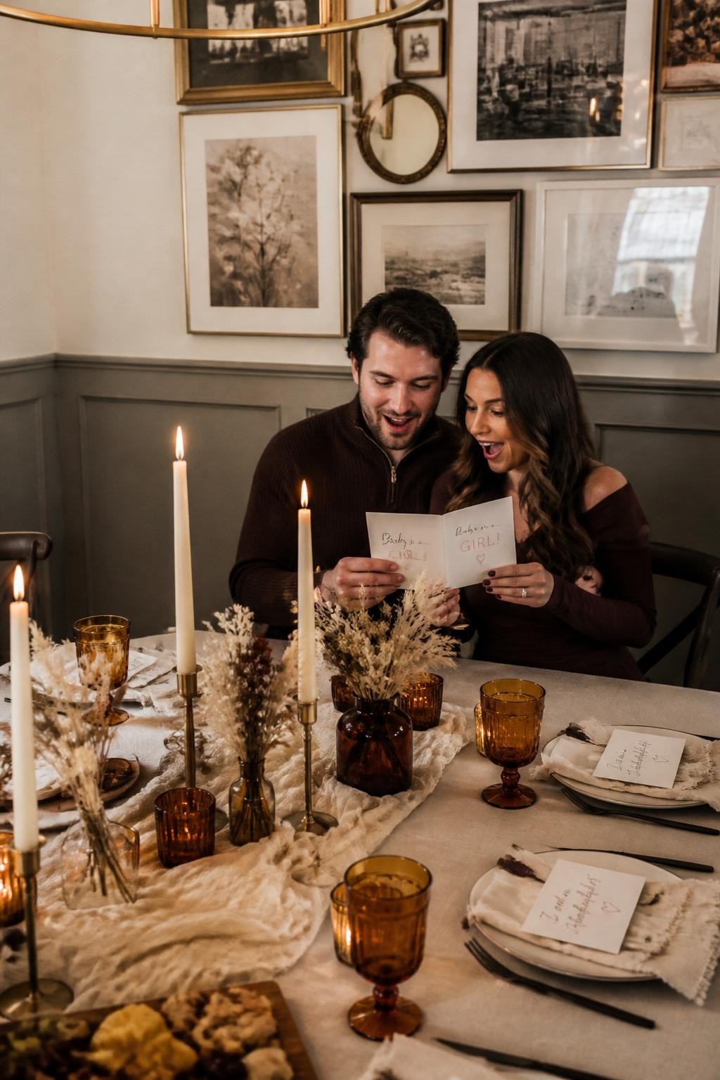 A realistic editorial photo of a chic November gender reveal dinner table, cream linen runner, amber glassware, taper candles, dried florals, handwritten gratitude cards at each place setting, parents opening one final card with the baby reveal message, warm moody indoor lighting, elegant late fall home party styling, DSLR lifestyle photography, vertical composition