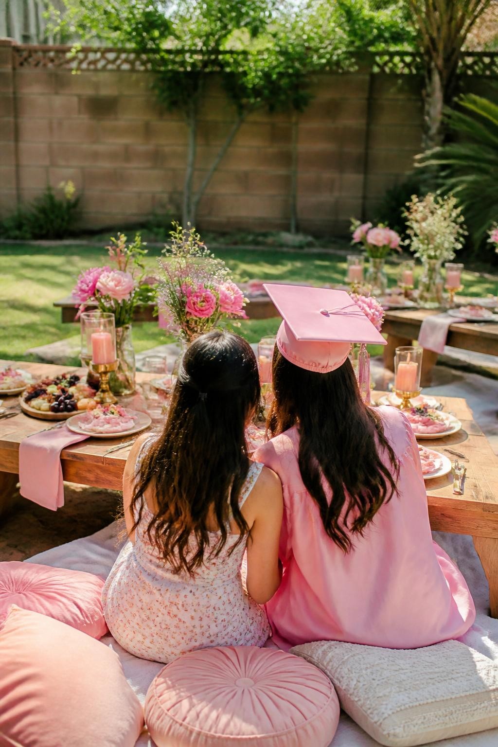 A realistic DSLR photo of a pink graduation garden picnic with low wooden tables, floor cushions, pink flowers, fruit boards, mini cakes, candles in glass holders, linen napkins, and a graduate with a friend seated from behind in soft focus on the lawn, sunny backyard setting, realistic polished picnic photography.