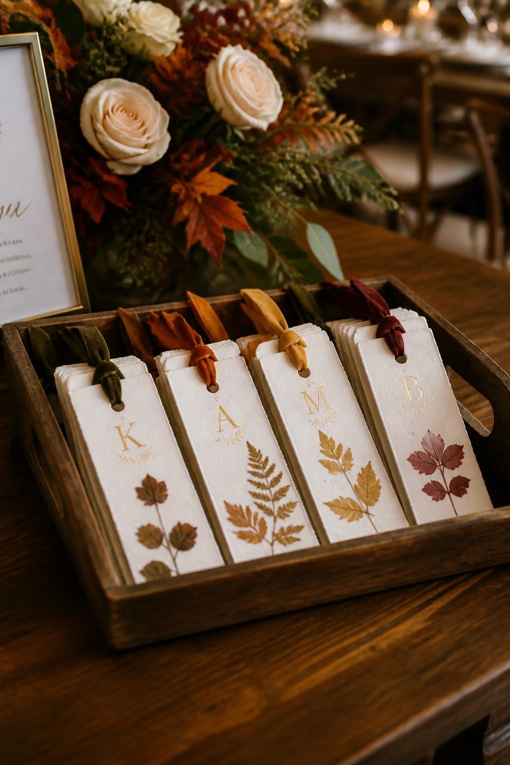 Realistic DSLR photo of elegant handmade bookmarks made from thick ivory cardstock, pressed autumn leaves, gold foil initials, and long velvet ribbons in olive, rust, mustard, and wine red, displayed inside a vintage wooden tray on a wedding welcome table, soft floral arrangement nearby, warm indoor reception lighting.