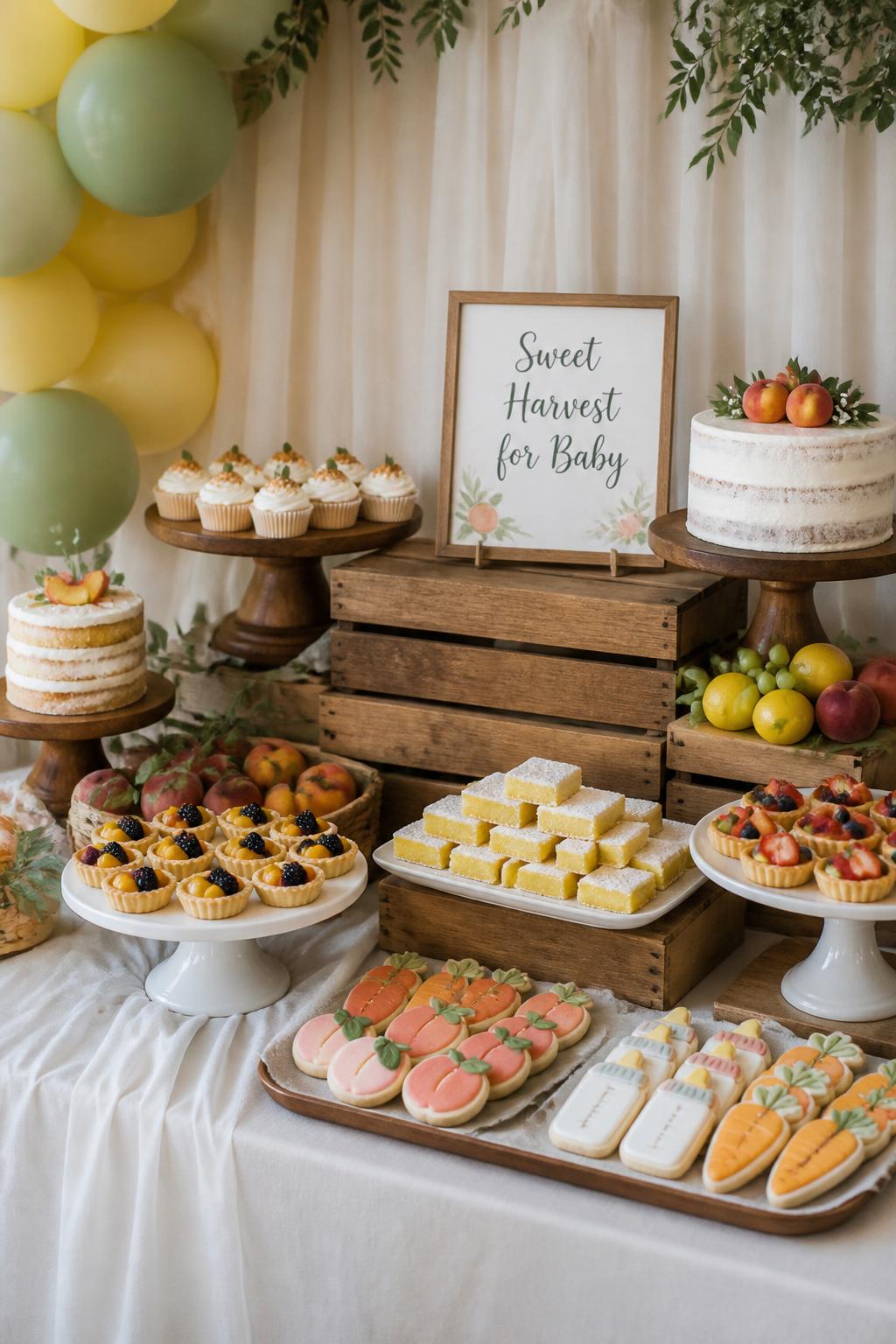 A realistic single-image baby shower dessert table styled with stacked wooden fruit crates, mini cakes, cupcakes, fruit tarts, lemon bars, and sugar cookies shaped like carrots, peaches, and baby bottles, fresh fruit tucked between serving plates, cream linen backdrop, soft yellow and sage balloon cluster, small sign reading “Sweet Harvest for Baby,” no people, no faces, editorial party dessert table photography, natural light, realistic bakery details, no watermarks on images