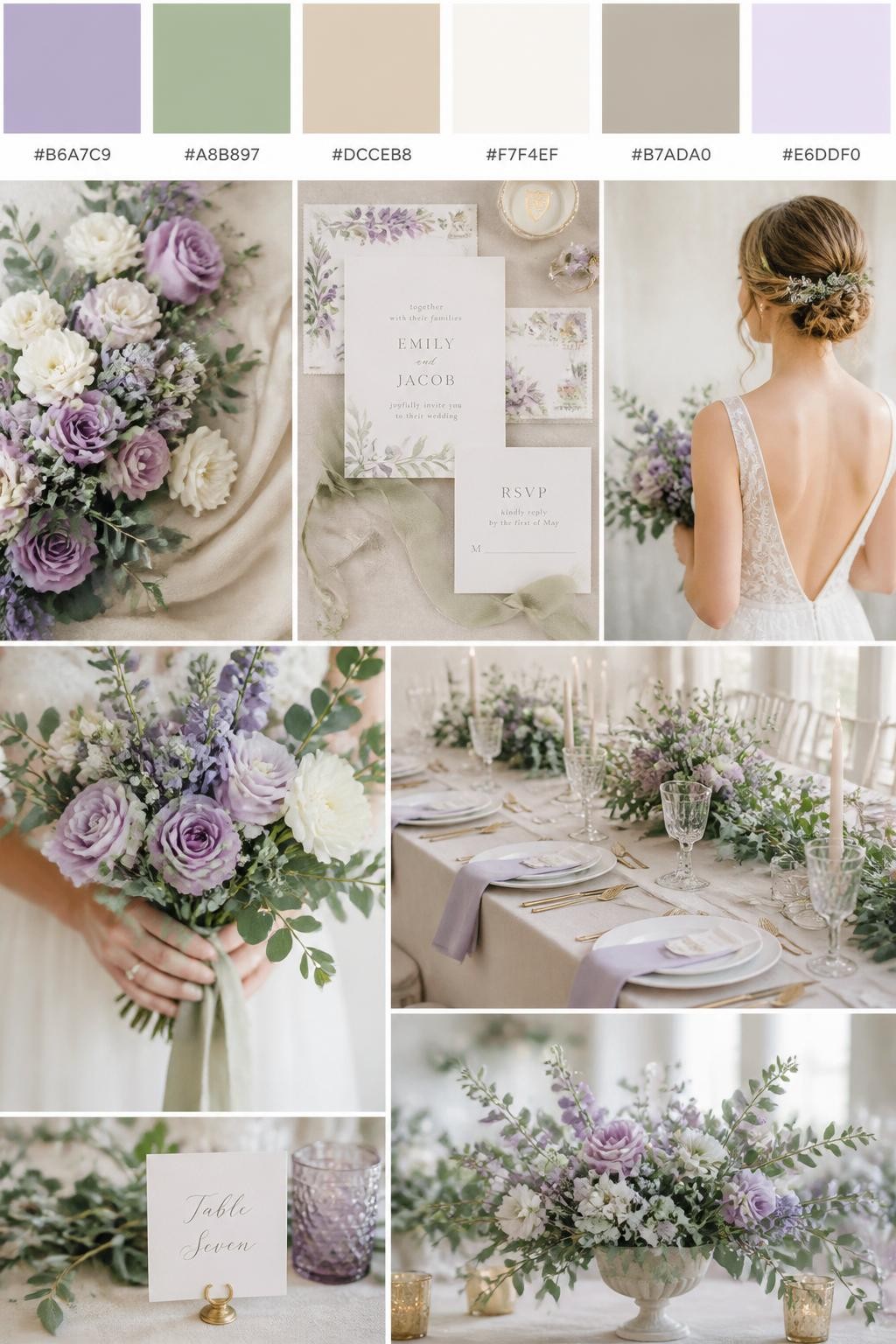 Image Prompt:
A realistic wedding color scheme mood board with a top swatch strip and small hex codes in soft purple, sage green, beige, ivory, warm taupe, and pale lavender. Below, create a soft romantic collage of soft purple flowers, sage greenery, beige table linens, airy invitations, hands holding a bouquet, a back-view bridal detail, and a no-people reception table with gentle floral styling. Use no clear faces and mix detail shots with no-people decor images for variety. The mood should feel calm, fresh, and romantic with soft natural light and DSLR-style realism. 9:16 vertical format. (no watermarks on images)