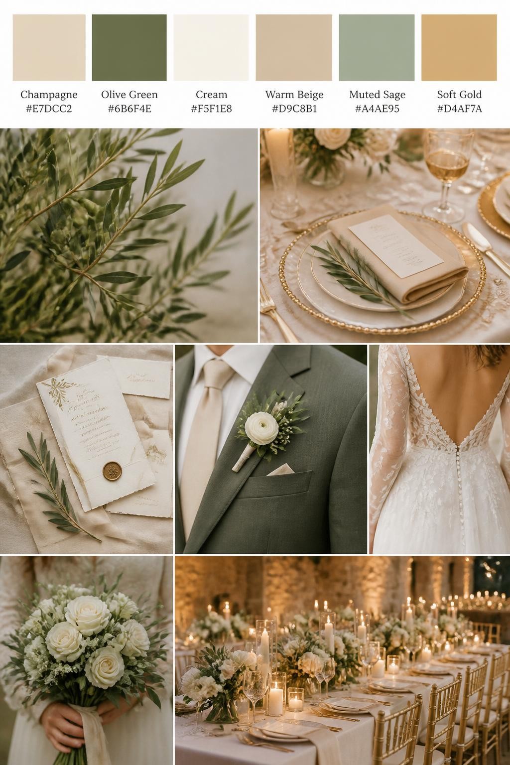 Image Prompt:
A realistic wedding palette board with a top row of color swatches and hex codes in champagne, olive green, cream, warm beige, muted sage, and soft gold. Below, show a polished collage of olive greenery, cream flowers, champagne table details, elegant paper goods, a groom suit detail with boutonniere and no visible face, cropped dress shots, bouquet styling in hands-only composition, and a romantic no-people reception table. Use no full faces, with side crops, back views, and no-people decor shots for variety. The mood should feel natural, warm, and elegant with true-to-life DSLR quality. 9:16 vertical format. (no watermarks on images)