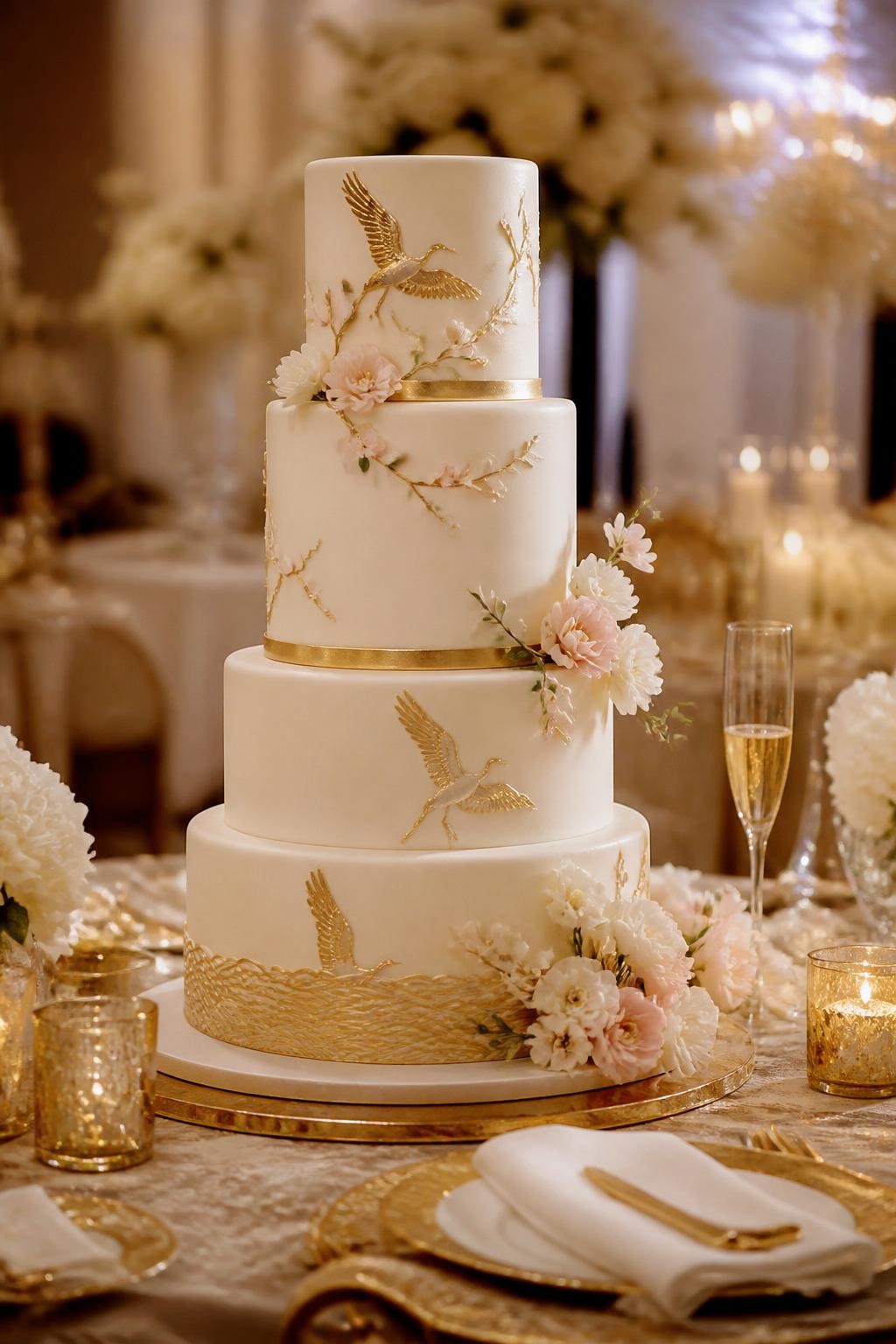 Image Prompt: Ultra-realistic wedding party photo of a Japanese-inspired wedding cake with smooth ivory or white tiers and refined gold crane details used as elegant decorative accents. Add subtle floral details and a polished bridal finish. Style the cake on a luxury reception cake table with candles, white flowers, gold decor, champagne glasses, fine linens, and a softly blurred elegant wedding venue backdrop. Keep the cake as the main focus. No visible faces. If guests appear, show only back views, side views in blur, cropped hands, or neck-down figures. Realistic gold detail, smooth icing finish, warm DSLR wedding photography. (no watermarks on images)