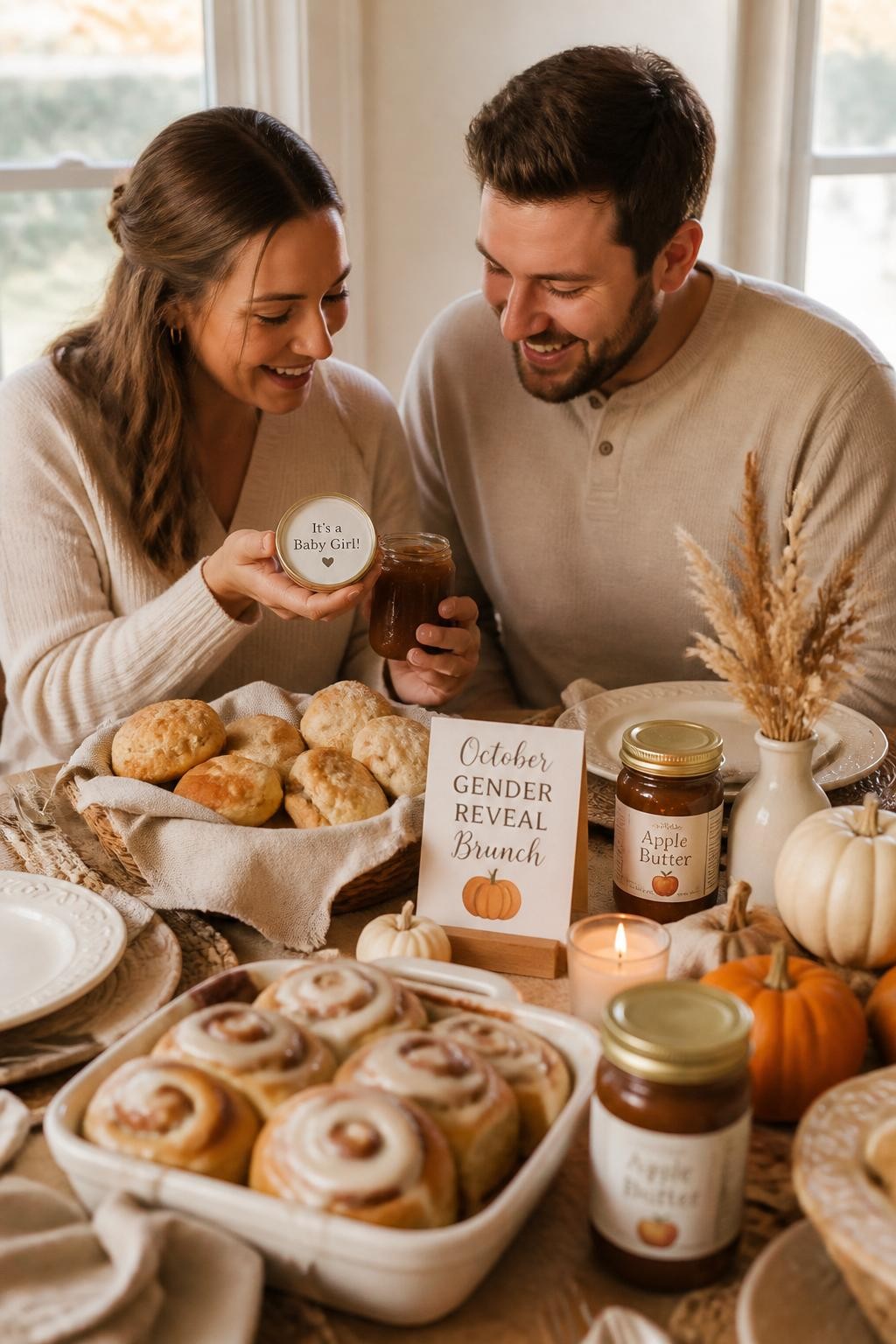 A realistic editorial photo of an October gender reveal brunch table, warm biscuits, apple butter jars, cinnamon rolls, cream plates, linen napkins, mini pumpkins, parents opening one special jar with a hidden baby message under the lid, cozy morning light, autumn food photography, vertical composition