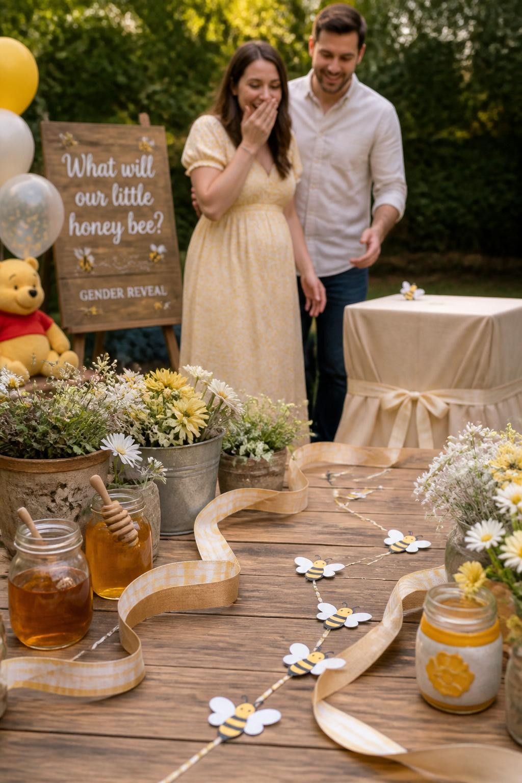 A realistic editorial photo of a playful woodland gender reveal setup, tiny paper bees forming a trail across a garden table, cream ribbon winding through honey pots and flowers, parents following the ribbon trail to a covered reveal box, warm outdoor lighting, Winnie the Pooh-inspired but not Disney style, DSLR photography