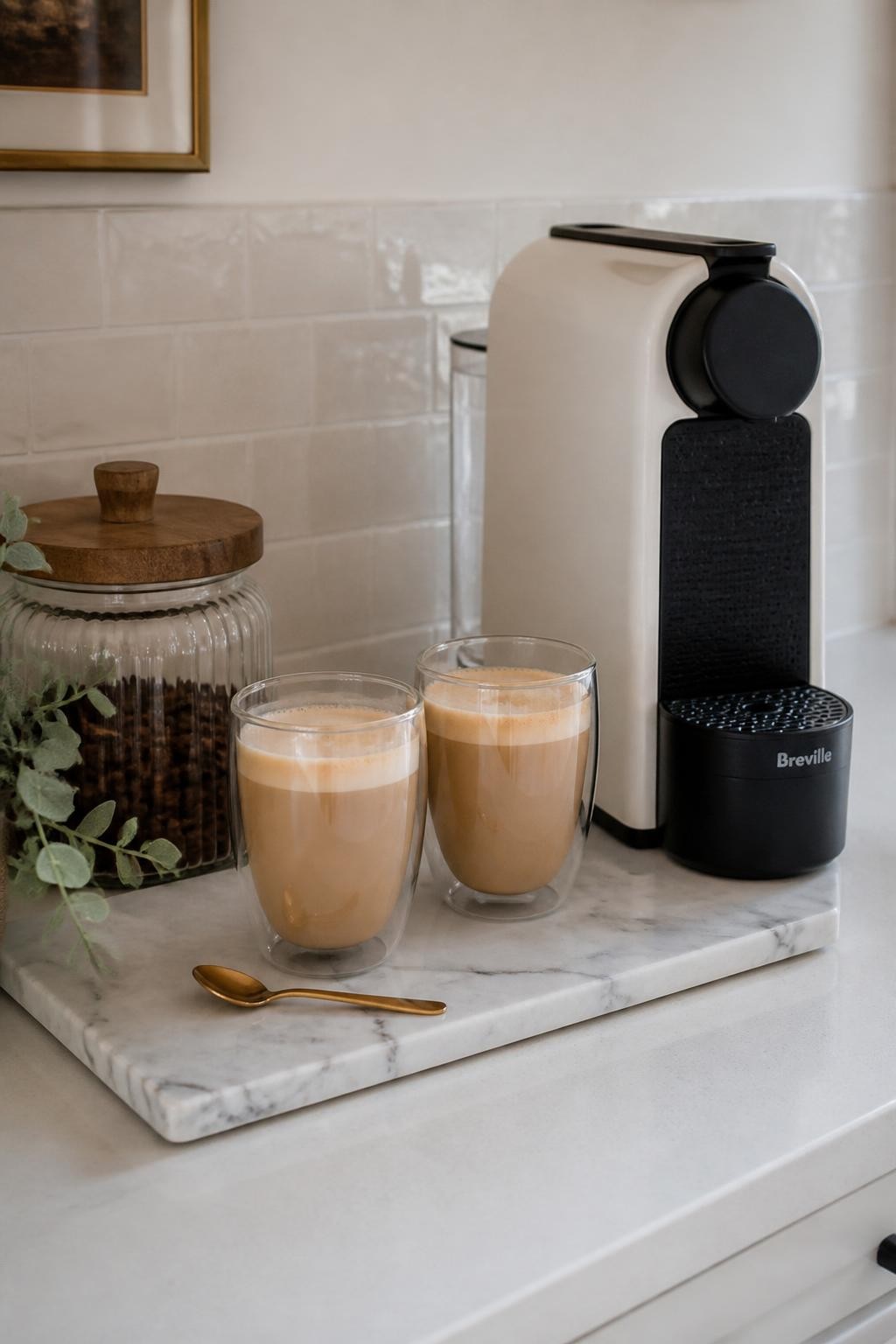 A realistic DSLR photo of a budget coffee bar countertop with a faux marble tray made from a small board wrapped in marble contact paper, compact white coffee machine, two glass latte cups, ribbed jar of coffee beans, tiny gold spoon, simple cream backsplash, soft daylight, elegant DIY coffee bar styling, no people.