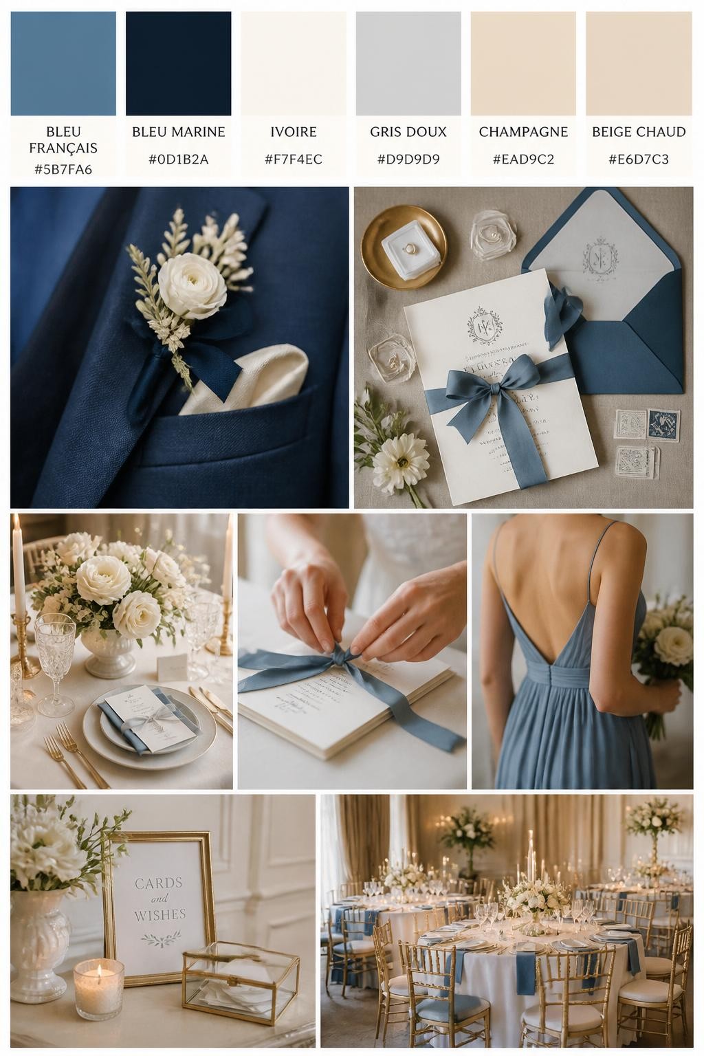 Image Prompt:
A realistic wedding color palette collage with a top row of swatches and hex codes in French blue, navy blue, ivory, soft gray, champagne, and warm beige. Below, show realistic wedding details such as navy suit fabric, French blue ribbon, ivory table styling, elegant stationery, hands tying an invitation suite, a cropped-from-neck bridesmaid dress detail, and a softly lit reception setup. Keep all people shown from the back, side, or cropped below the face, and include some no-people decor scenes for variety. The mood should feel classic, polished, and romantic with DSLR-quality realism. 9:16 vertical format. (no watermarks on images)