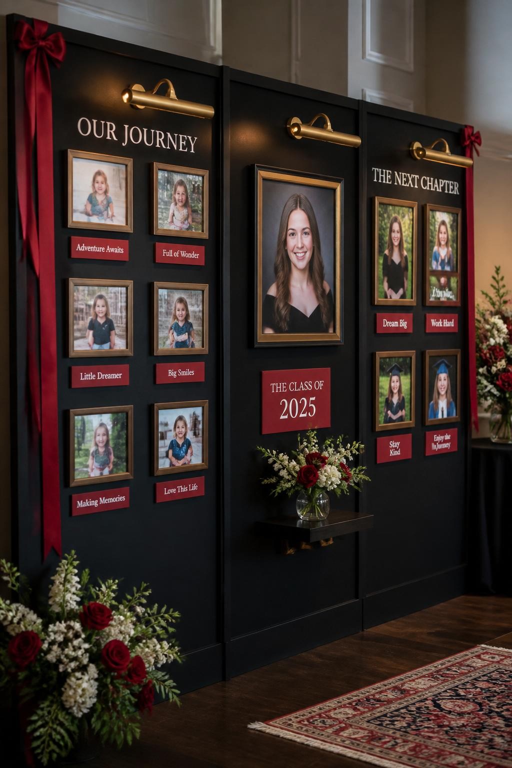 Image prompt: A realistic DSLR photo of a classy graduation memory wall with matte black panels, framed childhood photos, senior portraits, red caption cards, hanging ribbons, soft accent lighting, small floral clusters, and no people, museum-inspired event styling with crisp indoor natural light.