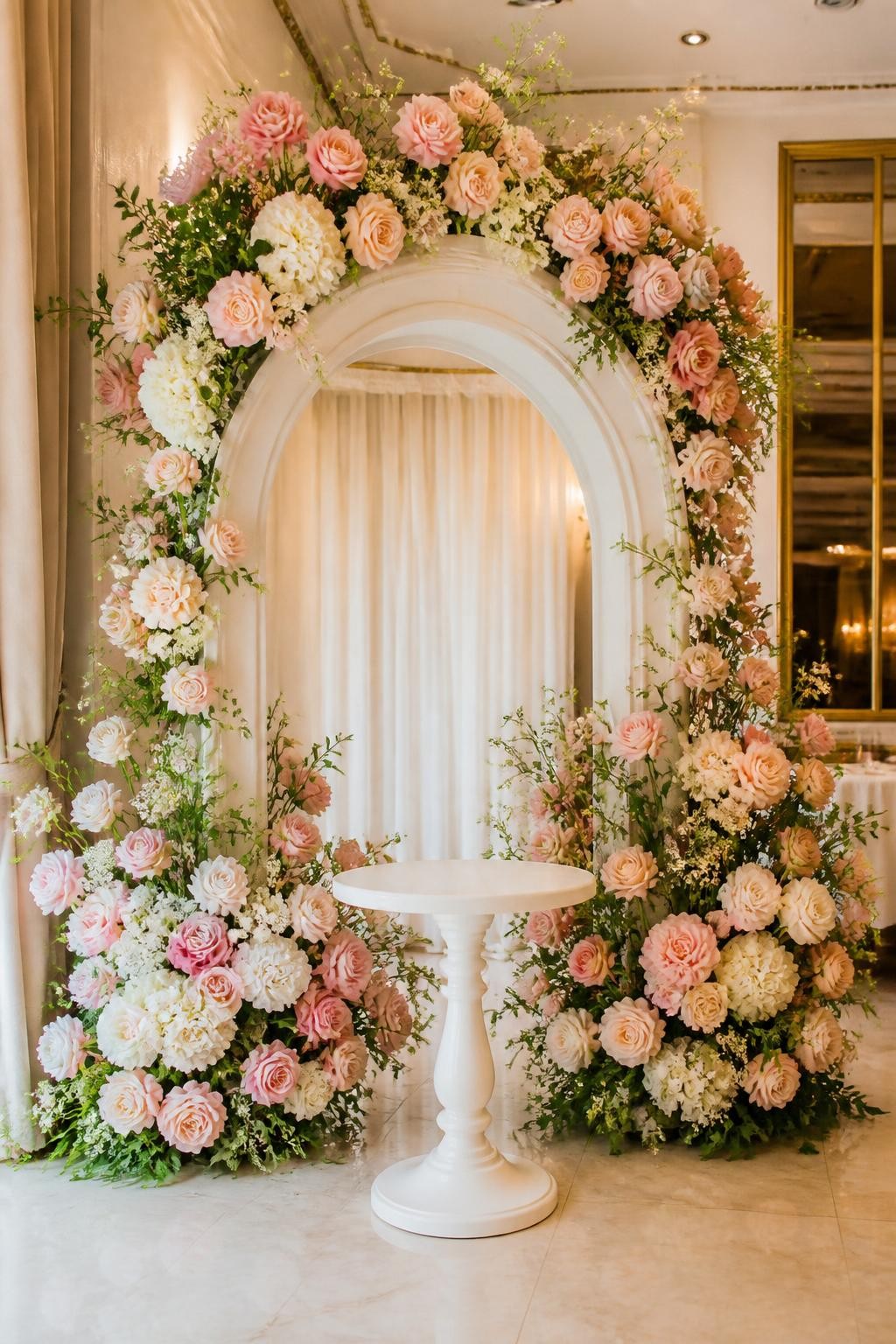 Image Prompt:
A single realistic photo of a romantic flower backdrop with a large white arched frame covered in blush roses, peach peonies, ivory blooms, and soft greenery, placed in an elegant indoor party setting with a small white pedestal table in front, no people, no faces, warm natural lighting, realistic high-end event photography, no text, no watermark.