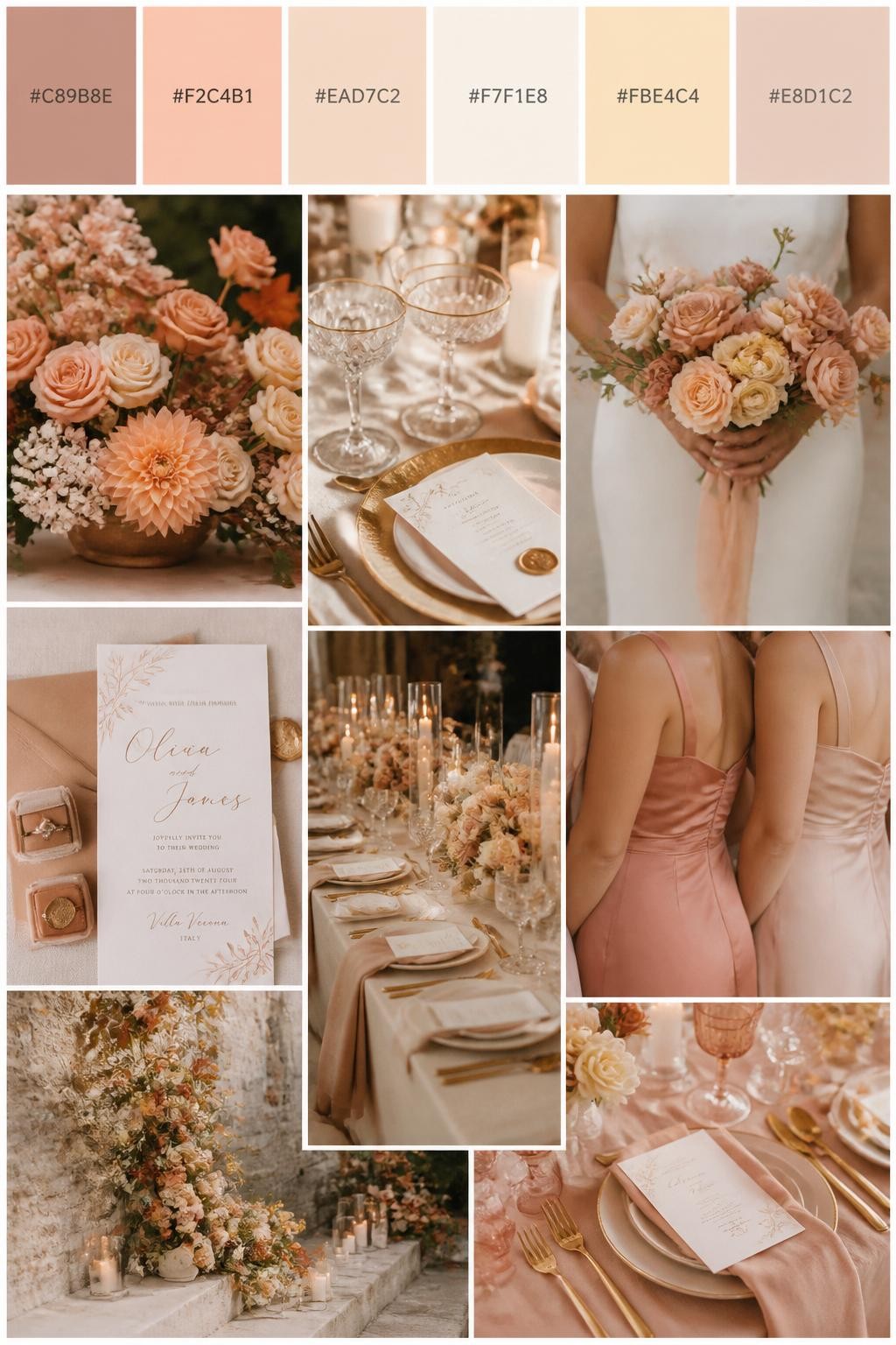 Image Prompt:
A realistic vertical wedding mood board with a top palette strip showing hex codes in cinnamon rose, soft peach, champagne, ivory, pale apricot, and warm nude. Below the swatches, show a romantic collage of peach flowers, cinnamon rose floral accents, champagne glassware, polished table settings, invitation styling, a bouquet held in front of the body with no face visible, cropped bridesmaid dress details, and warm ceremony decor. Use varied no-face compositions such as side views, back views, hand-held bouquet close-ups, and no-people tablescape shots. DSLR realism, Pinterest-style collage layout, 9:16 vertical format. (no watermarks on images)