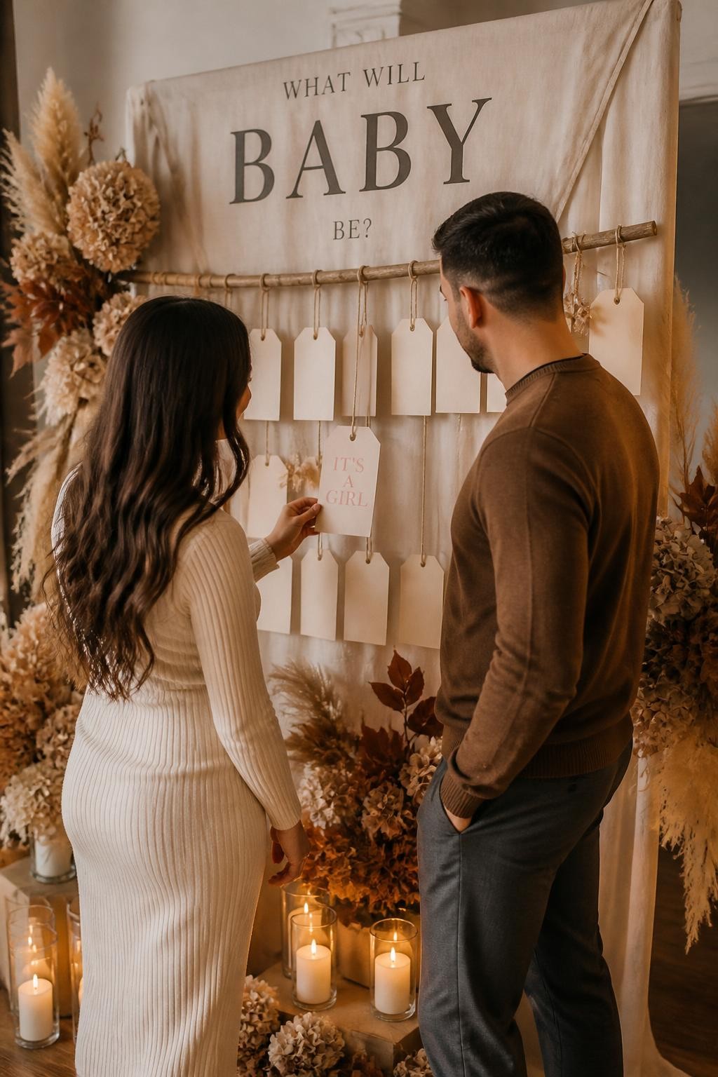 A realistic editorial photo of a chic November gender reveal backdrop, dried hydrangeas, pampas grass, brown leaves, cream fabric, small hanging tags, parents pulling one center tag to reveal the baby message in one soft color, warm indoor lighting, stylish late fall party decor, vertical DSLR photography