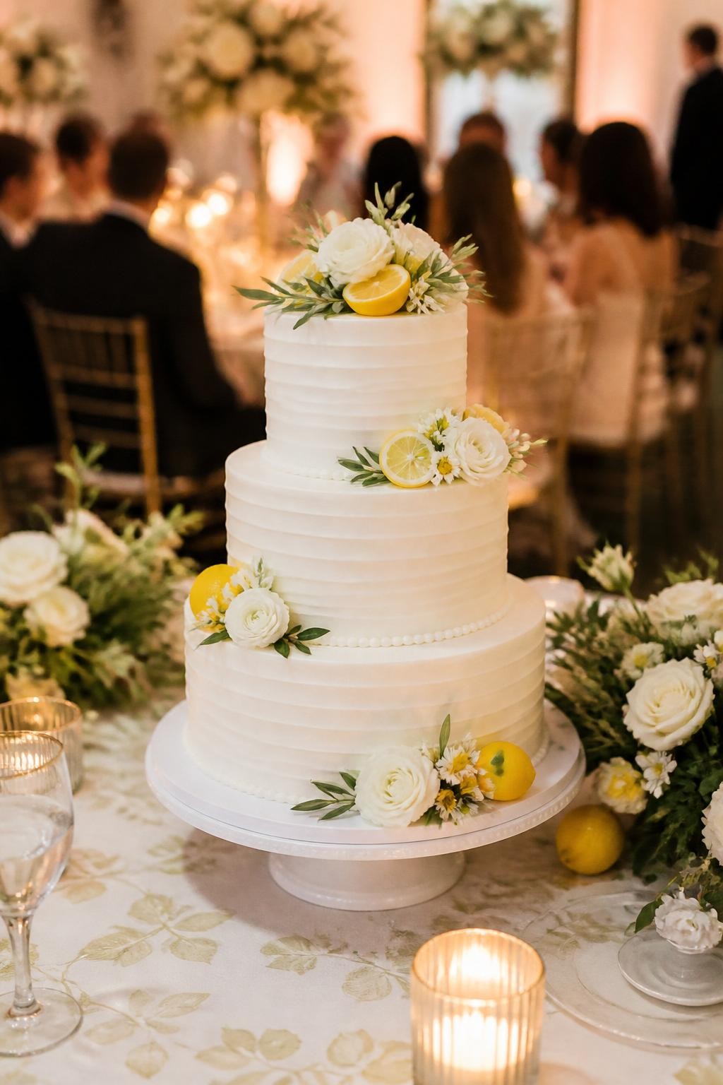 Image Prompt: Ultra-realistic wedding reception photo of a classic lemon and white wedding cake with smooth white buttercream or fondant tiers, subtle lemon details, and a soft elegant bridal finish. Place the cake on a beautifully styled wedding cake table in a real wedding party scene with candles, white flowers, lemon-toned floral accents, fine linens, glassware, and a softly blurred reception backdrop. Keep the cake as the clear main focus. No visible faces. If people appear, show only back views, side views in soft blur, cropped hands, or neck-down figures. Realistic icing texture, fresh lemon details, natural wedding lighting, DSLR editorial photography. (no watermarks on images)