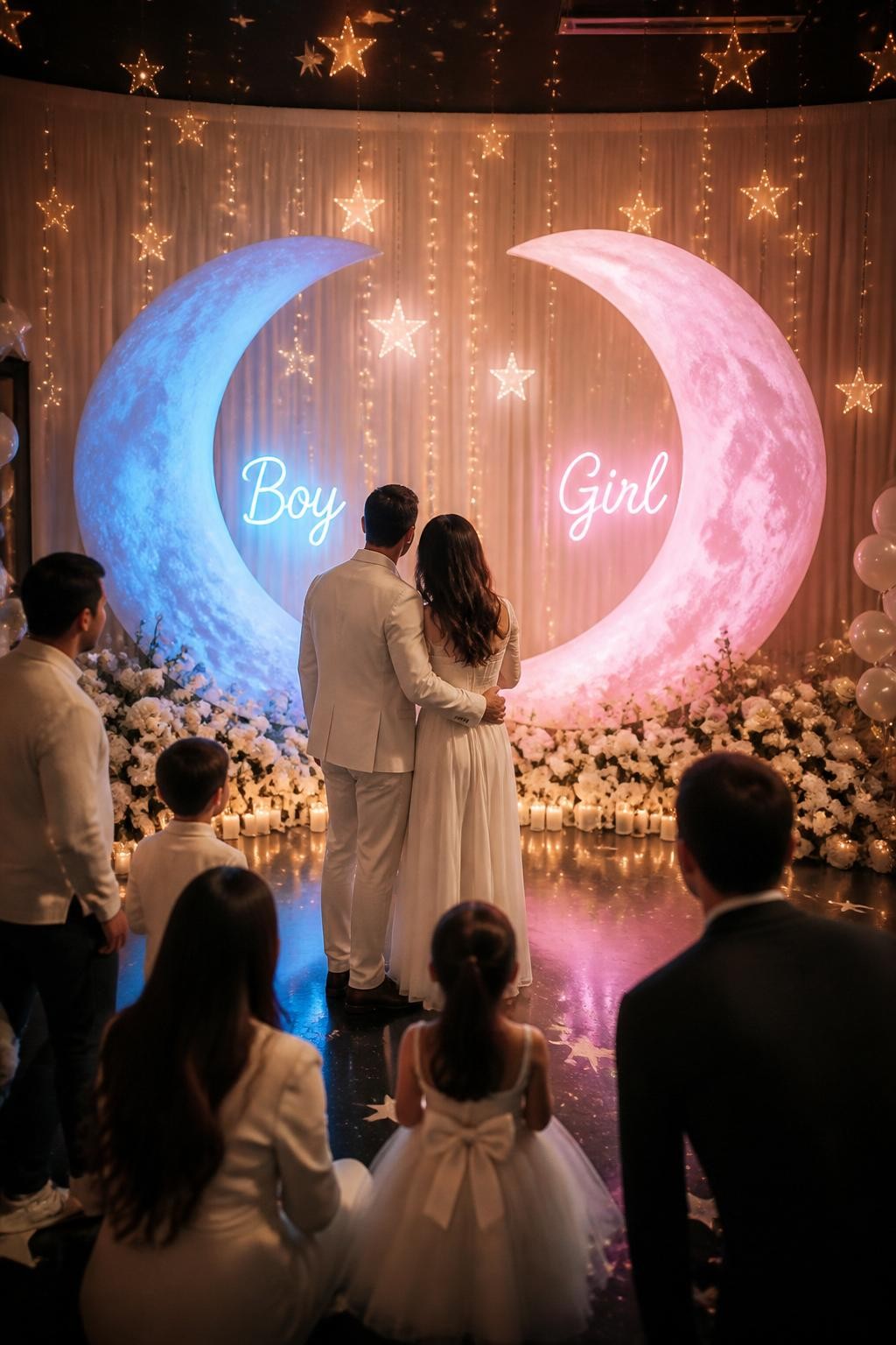 A realistic editorial photo of a dreamy twin gender reveal setup with two large moon-shaped wall displays, soft star lights, cream curtains, parents standing in front of the moons, each moon glowing with a separate reveal color, small family watching, elegant night-sky party styling, vertical DSLR photography