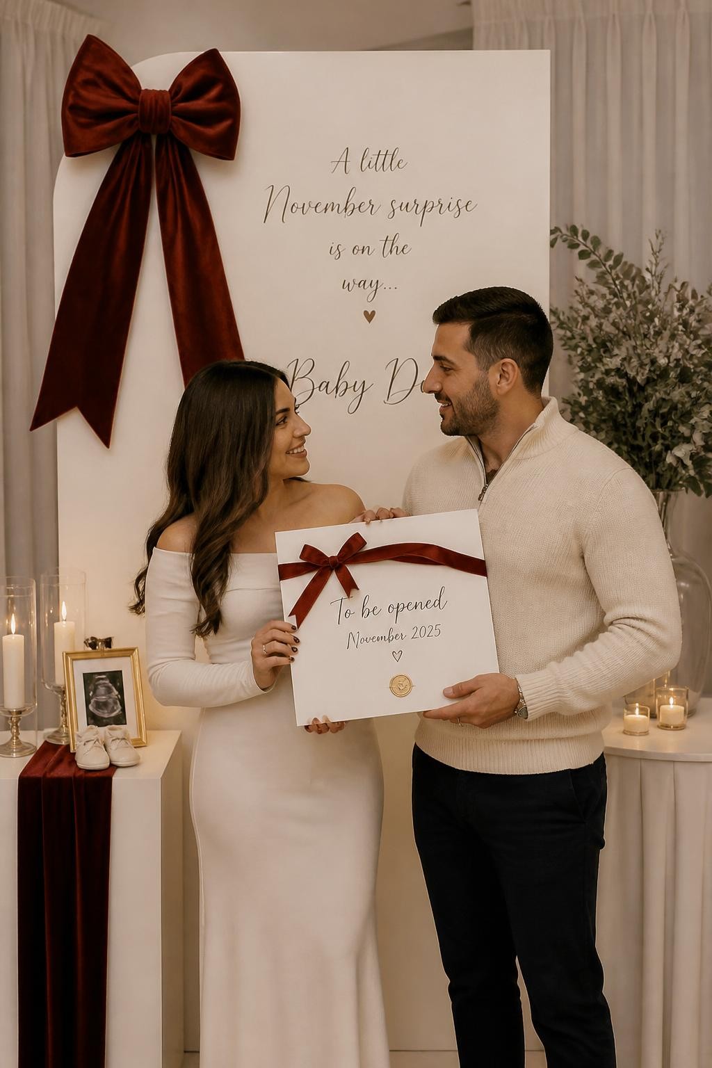A realistic editorial photo of a chic November gender reveal setup with a small holiday-card inspired photo station, cream backdrop, velvet ribbon, tiny baby shoes, dried greenery, parents holding a large sealed card that reveals the baby message inside, warm elegant indoor lighting, DSLR lifestyle photography, vertical composition