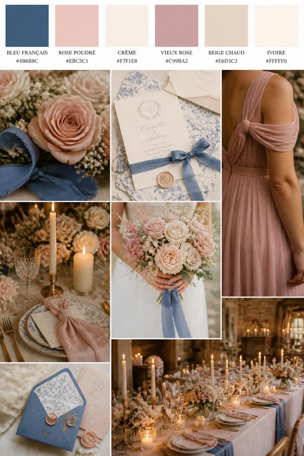 Image Prompt:
A realistic wedding mood board with a top strip of color swatches and small hex codes in French blue, blush pink, cream, dusty rose, warm beige, and ivory. Below, show a romantic collage of wedding details: blush roses, French blue ribbon, cream candles, soft table styling, invitation flat lays, a cropped bridesmaid dress detail from the neck down, hands holding a bouquet, and a no-people reception table glowing under warm candlelight. Keep the collage polished, soft, and romantic with DSLR-style realism. Use no clear faces, with side angles, back views, detail-only shots, and no-people scenes. 9:16 vertical format. (no watermarks on images)