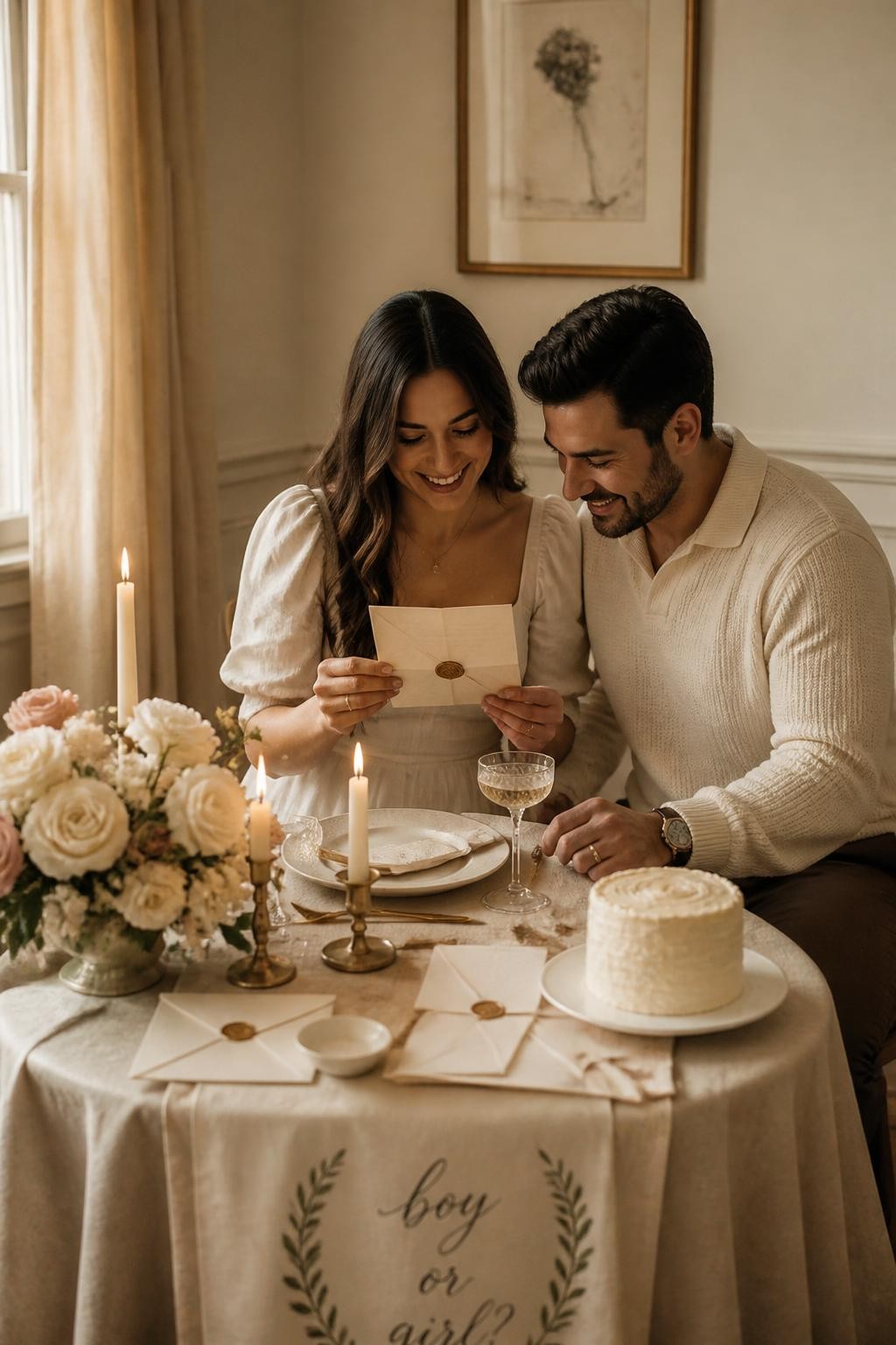 A realistic editorial photo of an intimate gender reveal setup in a softly lit dining room, small table set with linen, taper candles, wax-sealed envelopes, delicate florals, two parents opening a letter together, warm golden light, elegant and emotional atmosphere, DSLR lifestyle photography, vertical composition