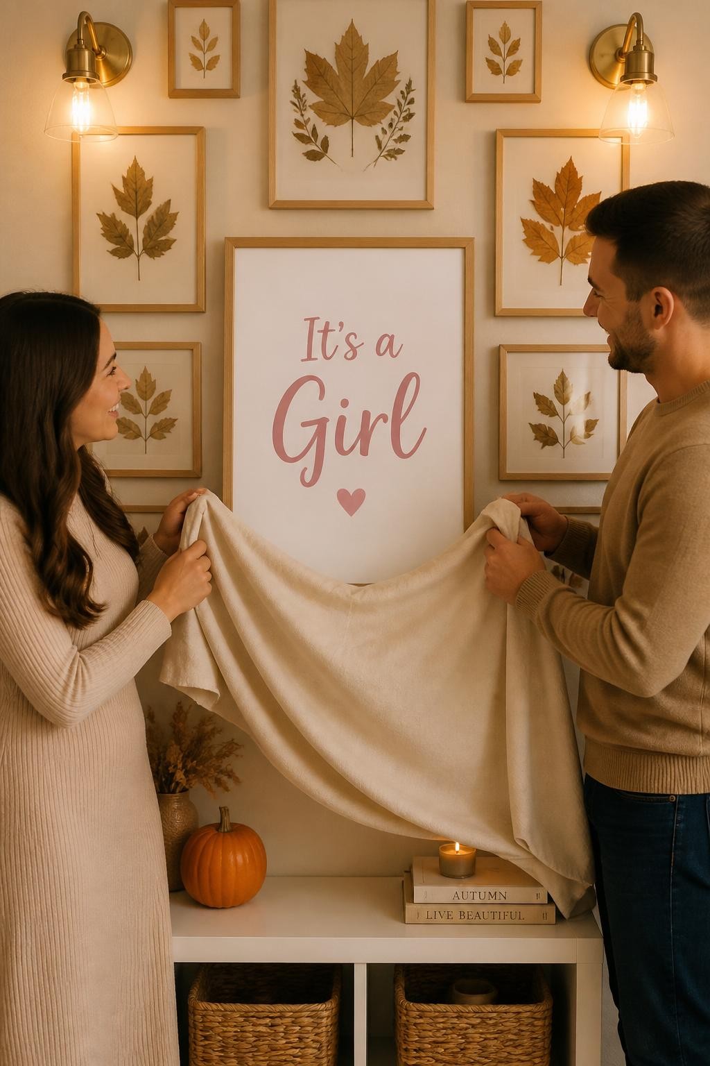 A realistic editorial photo of an October gender reveal gallery wall, framed pressed leaves, cream mat boards, warm wall lights, two parents pulling a linen cover from one central frame to reveal the baby message in one soft color, elegant home decor, cozy autumn atmosphere, DSLR lifestyle photography