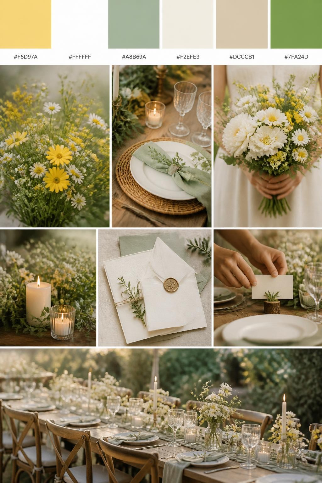 Image Prompt:
A realistic wedding color palette mood board in a Pinterest-style collage layout. Add a top row of clean color swatches with small hex codes in soft yellow, white, sage green, pale cream, warm beige, and fresh green. Below the swatches, create a polished collage of wedding details: yellow wildflowers, white blooms, sage greenery, wooden tables, soft candles, elegant stationery, a bouquet held at waist level with no face visible, hands adjusting place cards, and a no-people rustic reception table scene. Use side views, back views, cropped detail shots, hands-only styling, and no-people scenes to avoid showing faces. Soft natural light, DSLR-style realism, 9:16 vertical format. No extra text except small hex codes on the palette strip. (no watermarks on images)