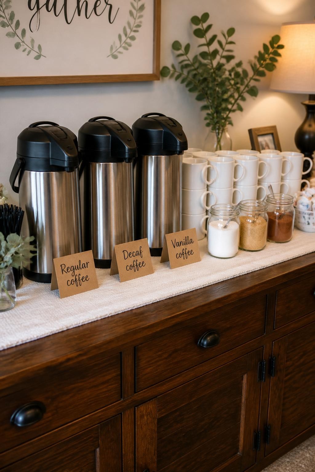 A realistic DSLR photo of a well-organized party coffee station with three stainless steel coffee carafes on a wood sideboard, small kraft labels reading regular, decaf, and vanilla coffee, stacks of white mugs, glass jars of sugar and cocoa, small vase of greenery, neutral table runner, warm indoor party lighting, realistic home decor details, no people.