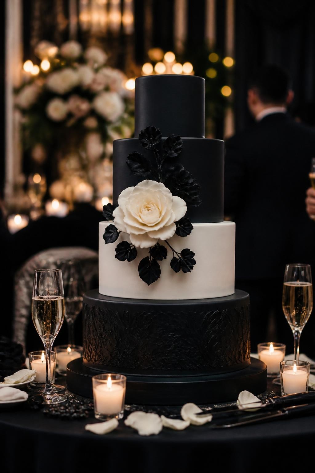 Image Prompt: Ultra-realistic wedding party photo of a dramatic black and ivory wedding cake with clean sharp tiers, elegant contrast, and refined decorative details such as sugar flowers, bows, or minimal metallic accents. Place the cake in a formal evening reception scene with candles, dark romantic decor, florals, and a luxury wedding backdrop. Keep the cake as the main subject. No visible faces. If people appear, show only blurred side views, back views, cropped torsos, or hands holding glasses. Realistic icing texture, moody but elegant lighting, DSLR wedding editorial style. (no watermarks on images)
