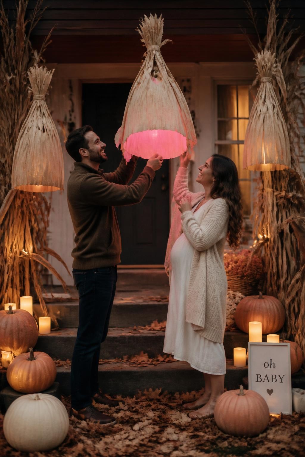 A realistic editorial photo of a fall gender reveal porch with handmade corn husk lanterns, warm battery candles, neutral pumpkins, dried corn stalks, parents lifting one lantern to reveal a soft glow in one color, cozy evening autumn decor, safe warm lighting, DSLR lifestyle photography, vertical composition