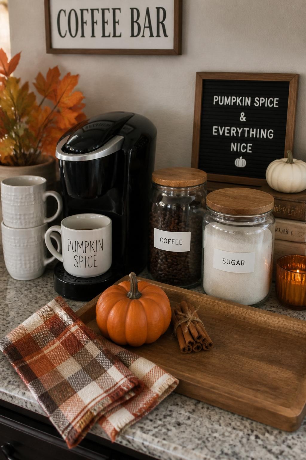 A realistic DSLR photo of a small seasonal coffee bar on a kitchen counter, compact coffee maker, white mugs, clear jars of coffee beans and sugar, small seasonal accents like mini pumpkins, cinnamon sticks, warm plaid napkins, tiny framed sign, soft autumn daylight, realistic budget-friendly styling, no people.