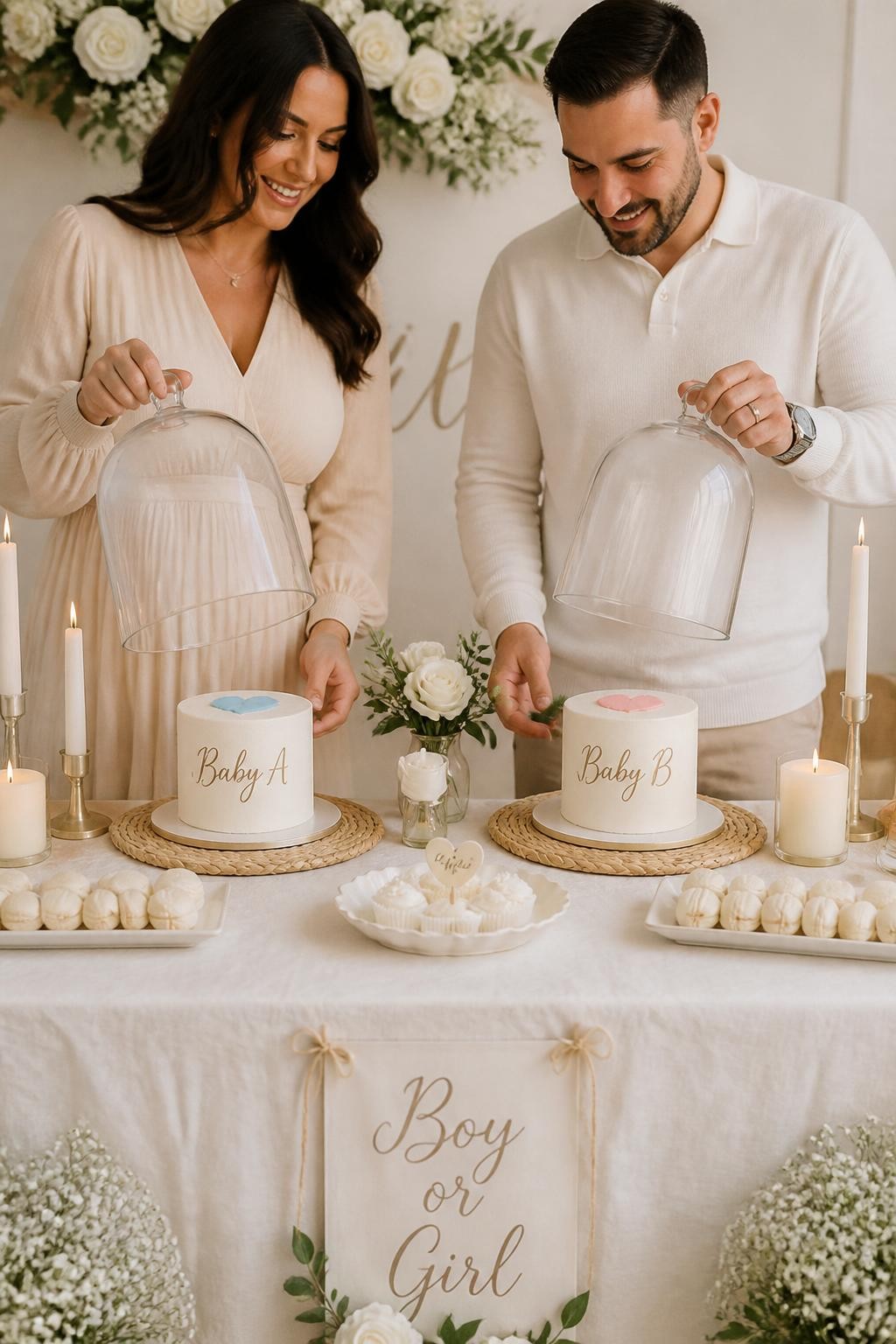 A realistic editorial photo of an elegant twin gender reveal dessert table, two glass cloches covering mini cakes labeled Baby A and Baby B, cream florals, linen tablecloth, candles, parents lifting both domes to reveal two colored dessert details, refined party styling, DSLR food photography