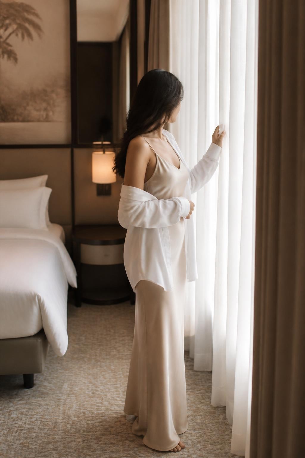 Image Prompt:
A realistic editorial hotel room photoshoot of an adult woman standing beside tall sheer hotel curtains near a large window, wearing a simple long satin slip dress with a loose oversized white shirt layered over it, styled modestly and elegantly. She is gently holding the curtain with one hand while looking out the window, face turned away from camera. The room has warm beige tones, soft carpet, a neatly made bed in the background, and diffused daylight creating a dreamy glow. High-end travel lifestyle photography, realistic fabric details, vertical image.