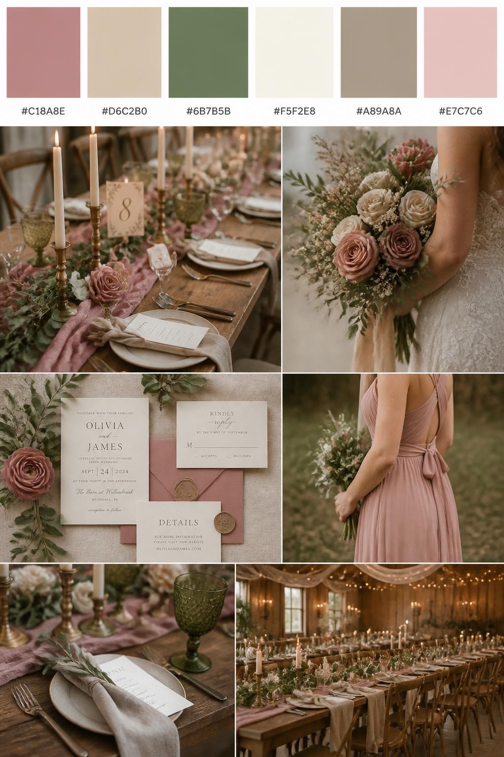 Image Prompt:
A realistic Pinterest-style wedding palette board with a top row of swatches and hex codes in dusty rose, beige, olive green, cream, warm taupe, and soft blush. Below the swatches, create a refined rustic wedding collage with dusty rose flowers, olive greenery, beige table linens, wood table textures, elegant paper goods, a side-view bouquet shot, a bridesmaid dress detail cropped below the shoulders, and a no-people reception setup with soft candlelight and natural styling. Use varied no-face compositions, including hands-only details, back-view styling, side-view crops, and no-people decor scenes. DSLR photo realism, 9:16 vertical format. (no watermarks on images)