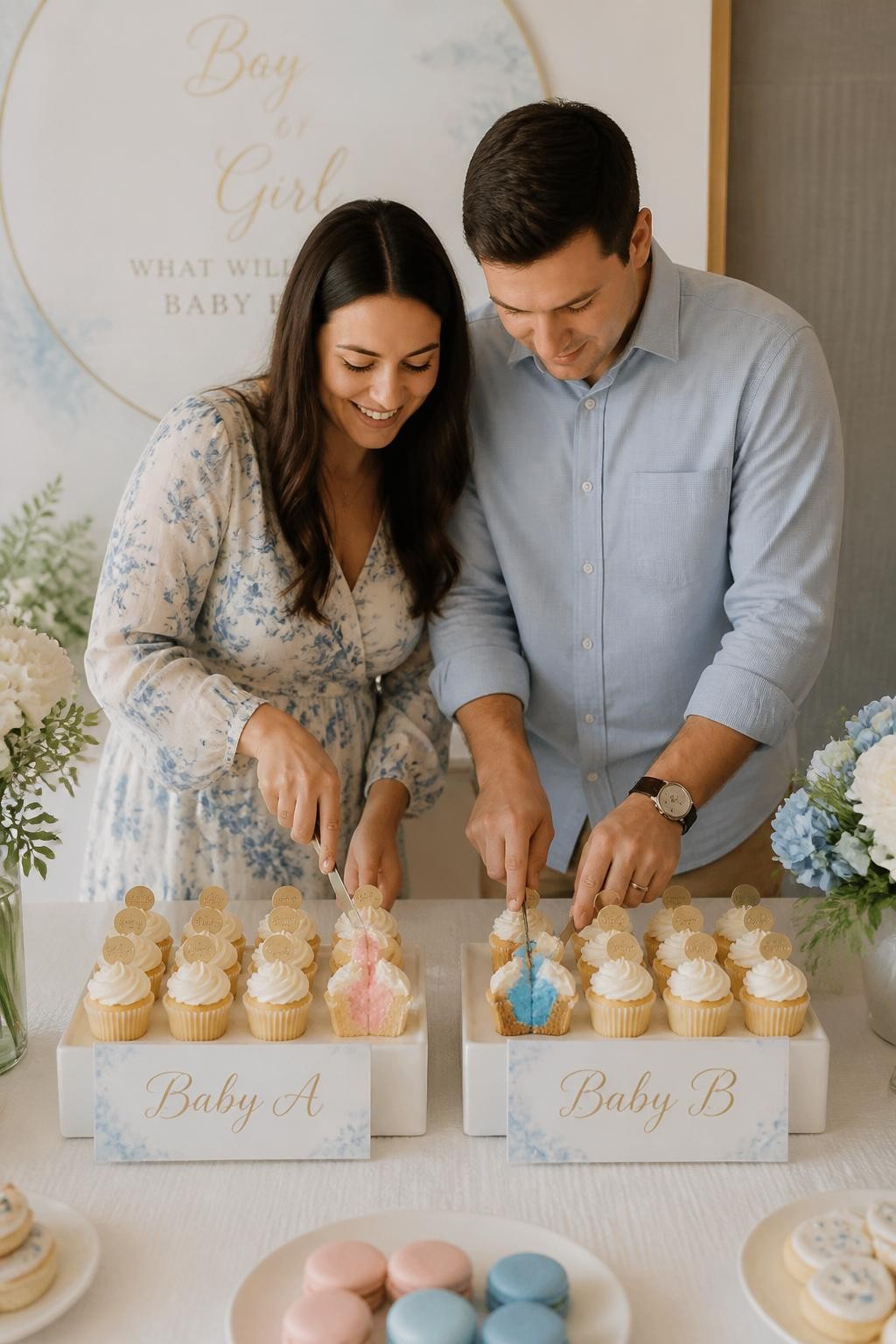 A realistic editorial photo of a twin gender reveal cupcake flight, two mini cupcake trays labeled Baby A and Baby B, cream frosting, tiny gold tags, parents cutting one cupcake from each tray to reveal hidden colored centers, elegant dessert table, warm natural light, DSLR bakery photography