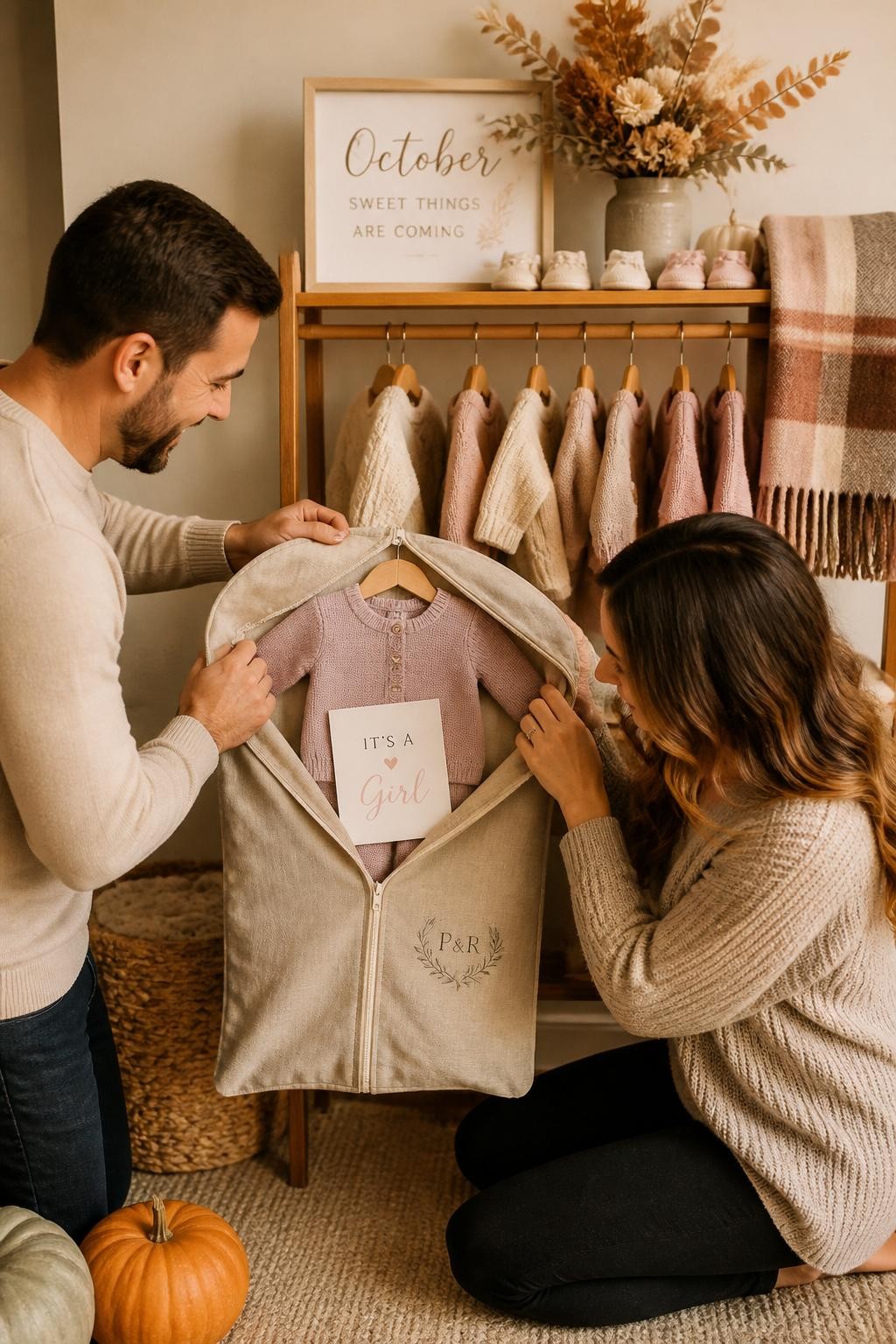 A realistic editorial photo of an October gender reveal nursery corner, wooden clothing rack with tiny knit sweaters, baby booties, plaid blanket, dried florals, parents unzipping one linen garment bag to reveal a baby outfit and message card in one soft reveal color, warm home lighting, cozy seasonal styling