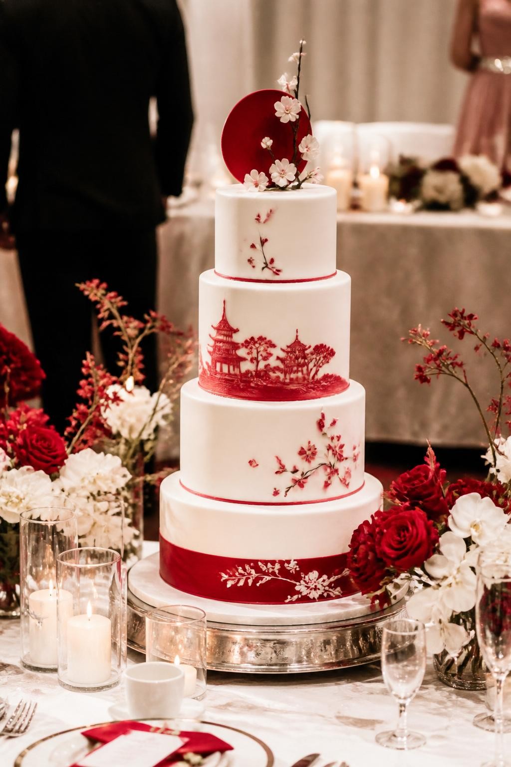 Image Prompt: Ultra-realistic wedding reception image of a Japanese-inspired wedding cake with smooth white tiers and refined red accents in an elegant balanced design. Include delicate floral details or subtle traditional-inspired touches, while keeping the look polished and bridal. Place the cake on a styled wedding cake table with candles, red and white floral arrangements, fine linens, glassware, and a softly blurred reception scene. Keep the cake as the hero of the photo. No visible faces. If people appear, show only cropped hands, side views, back views, or figures from the neck down. Realistic icing texture, rich red accents, DSLR wedding editorial style. (no watermarks on images)