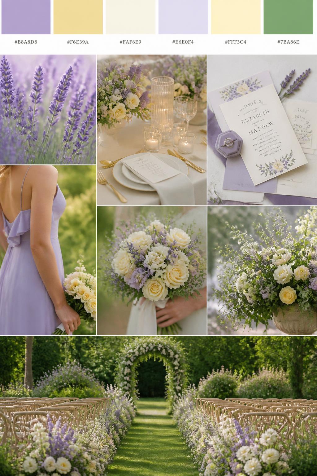 Image Prompt:
A realistic wedding mood board with a top strip of color swatches and small hex codes in lavender, soft yellow, cream, pale lilac, buttercream, and fresh green. Below, show a pretty garden wedding collage of details: lavender flowers, pale yellow blooms, cream table settings, romantic candles, airy invitation flat lays, a cropped bridesmaid dress detail from the neck down, hands holding a bouquet, a side-view floral arrangement shot, and a no-people garden ceremony aisle lined with flowers. Keep the collage soft, fresh, and romantic with DSLR-style realism. Use no clear faces, with side angles, back views, detail-only shots, and no-people scenes. 9:16 vertical format. (no watermarks on images)