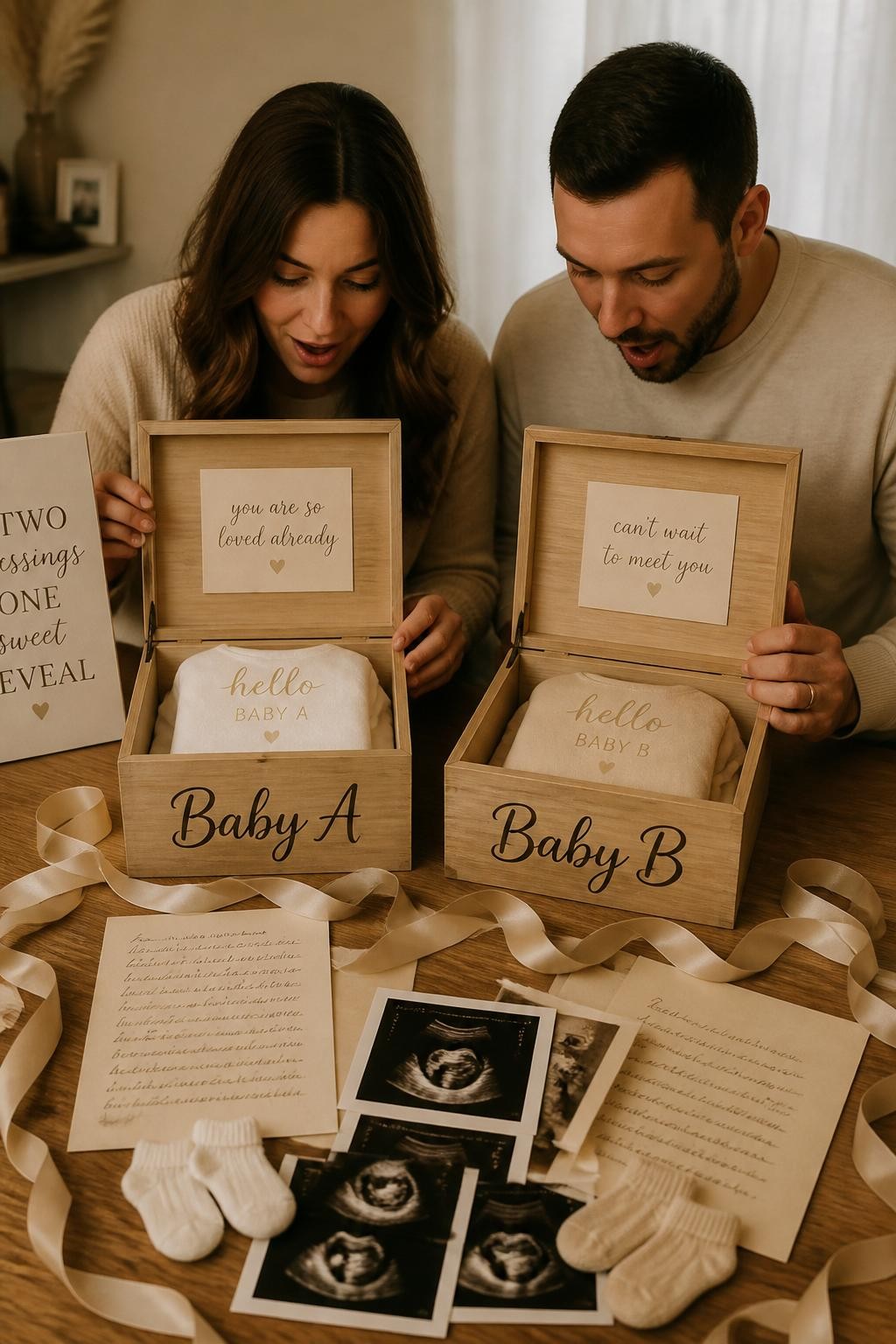 A realistic editorial photo of a sentimental twin gender reveal table, two wooden keepsake boxes labeled Baby A and Baby B, handwritten letters, tiny socks, ultrasound-style photos, cream ribbon, parents opening both boxes to reveal two folded baby items and message cards, warm cozy lighting