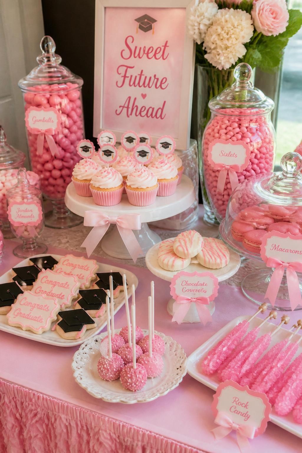 A realistic DSLR photo of a pink graduation candy boutique dessert bar with glass jars of pink candies, macarons, cookies, cupcakes, mini cake stands, ribbon labels, flowers, and a small “Sweet Future Ahead” sign, bright indoor natural light, polished realistic dessert display, no people.