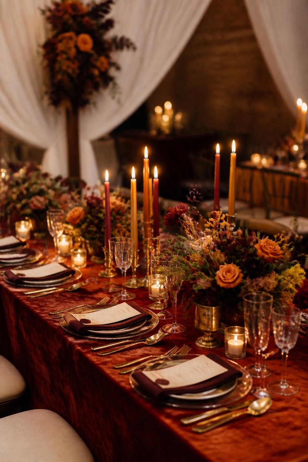 Realistic DSLR photo of a fall wedding reception table styled with vivid velvet table linens in rust, merlot, ochre, and deep plum, layered with gold flatware, floral centerpieces, colored taper candles, and warm candlelight, elegant indoor wedding reception, shallow depth of field, luxurious autumn atmosphere.