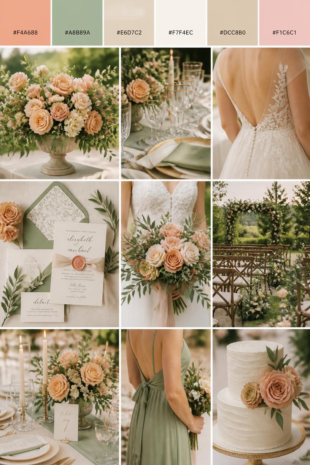 Image Prompt:
A realistic wedding inspiration collage with a top color strip showing hex-coded swatches in peach, sage green, champagne, ivory, warm beige, and soft blush. Below the palette strip, create a realistic wedding mood board with peach flowers, sage greenery, champagne glassware, invitation flat lays, cropped dress detail shots, hands holding a bouquet, and no-people decor scenes in soft natural garden light. Use back views, side views, shoulder-down crops, and detail-only shots so no full faces are visible. The mood should feel warm, fresh, romantic, and polished with DSLR-style realism. 9:16 vertical format. (no watermarks on images)