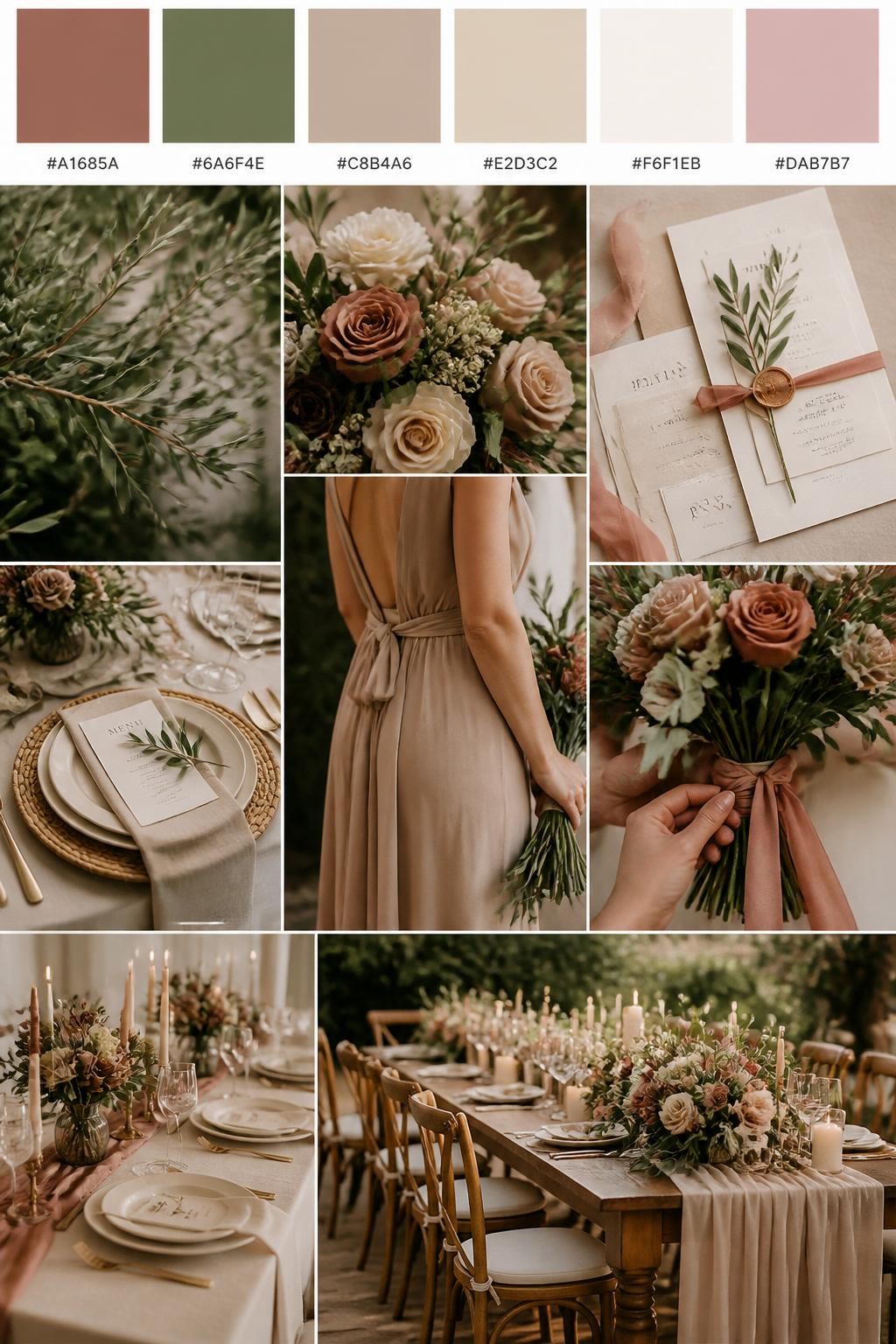 Image Prompt:
A realistic wedding inspiration mood board with a top row of swatches and small hex codes in cinnamon rose, olive green, warm nude, beige, cream, and dusty blush. Under the palette strip, show a polished collage of olive greenery, cinnamon rose florals, nude-toned linens, natural place settings, elegant paper goods, a cropped bridesmaid dress image from the neck down, hands tying ribbon around a bouquet, and a romantic no-people reception table with earthy floral accents. Use only back views, side views, detail crops, and no-people decor scenes to avoid face issues. DSLR-style realism, 9:16 vertical format. (no watermarks on images)