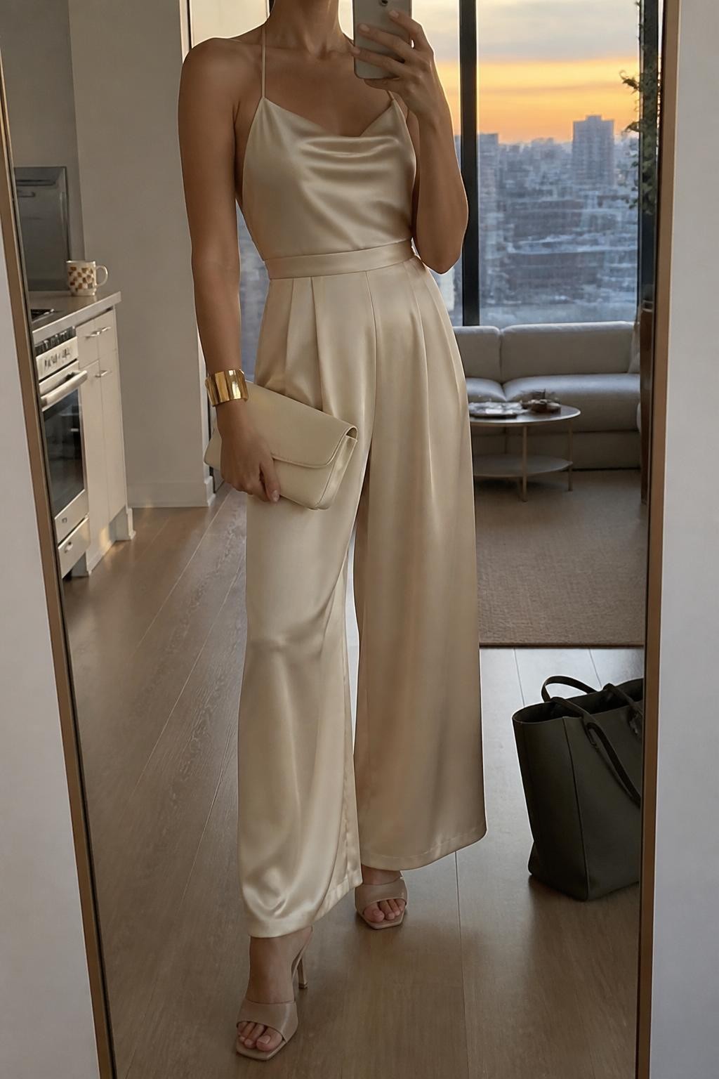 mirror selfie of a woman wearing a champagne satin wide-leg jumpsuit with nude heeled mules, an ivory clutch, and a polished gold cuff bracelet, holding a phone in front of a mirror, cropped at NECK so face doesn't show, with a natural casual selfie pose, in a city apartment, evening golden hour, including small lived-in details like a coffee mug nearby and a tote bag on the floor, latest iPhone photo quality.