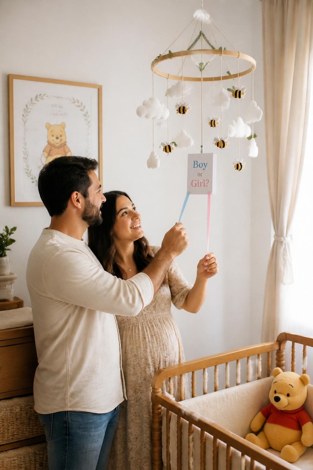 A realistic editorial photo of a Winnie the Pooh-inspired gender reveal nursery corner, not Disney style, hanging bee mobile with paper bees and soft clouds, cream curtains, wooden crib detail, parents pulling one ribbon from the mobile to reveal a hidden color card, warm daylight, gentle baby party styling