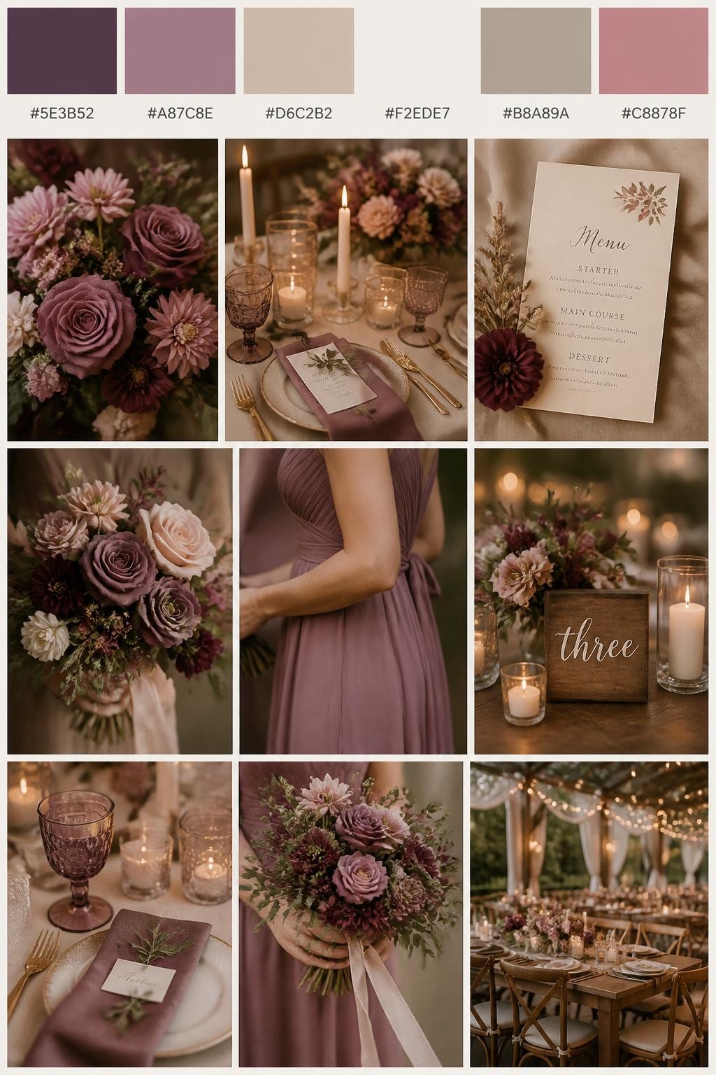 Image Prompt:
A realistic wedding mood board in a Pinterest-style collage layout. Add a top strip of swatches with small hex codes in dusty plum, mauve, beige, cream, soft taupe, and muted rose. Below, create a romantic collage with dusty plum flowers, mauve blooms, beige table decor, menu cards, bouquet close-ups, a side-view body detail of a bridesmaid dress with no face shown, hands holding flowers, and no-people reception styling under soft candlelight with rustic wooden details. Avoid clear faces completely by using cropped, turned-away, or detail-only compositions. DSLR-style realism, 9:16 vertical format. (no watermarks on images)