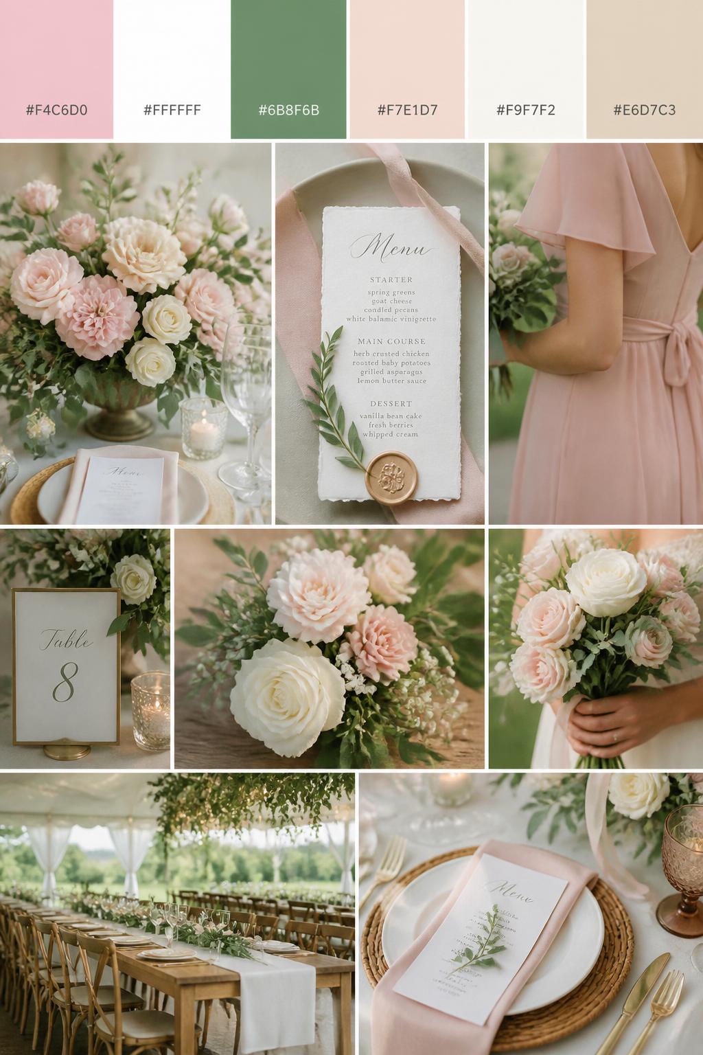Image Prompt:
A realistic wedding mood board in a Pinterest-style collage layout. Add a top strip of swatches with small hex codes in soft pink, white, leaf green, blush, ivory, and warm beige. Below, create a romantic collage with pink flowers, white roses, green foliage, menu cards, bouquet close-ups, a side-view body detail of a bridesmaid dress with no face shown, hands holding flowers, and no-people reception styling under soft natural light. Avoid clear faces completely by using cropped, turned-away, or detail-only compositions. DSLR-style realism, 9:16 vertical format. (no watermarks on images)