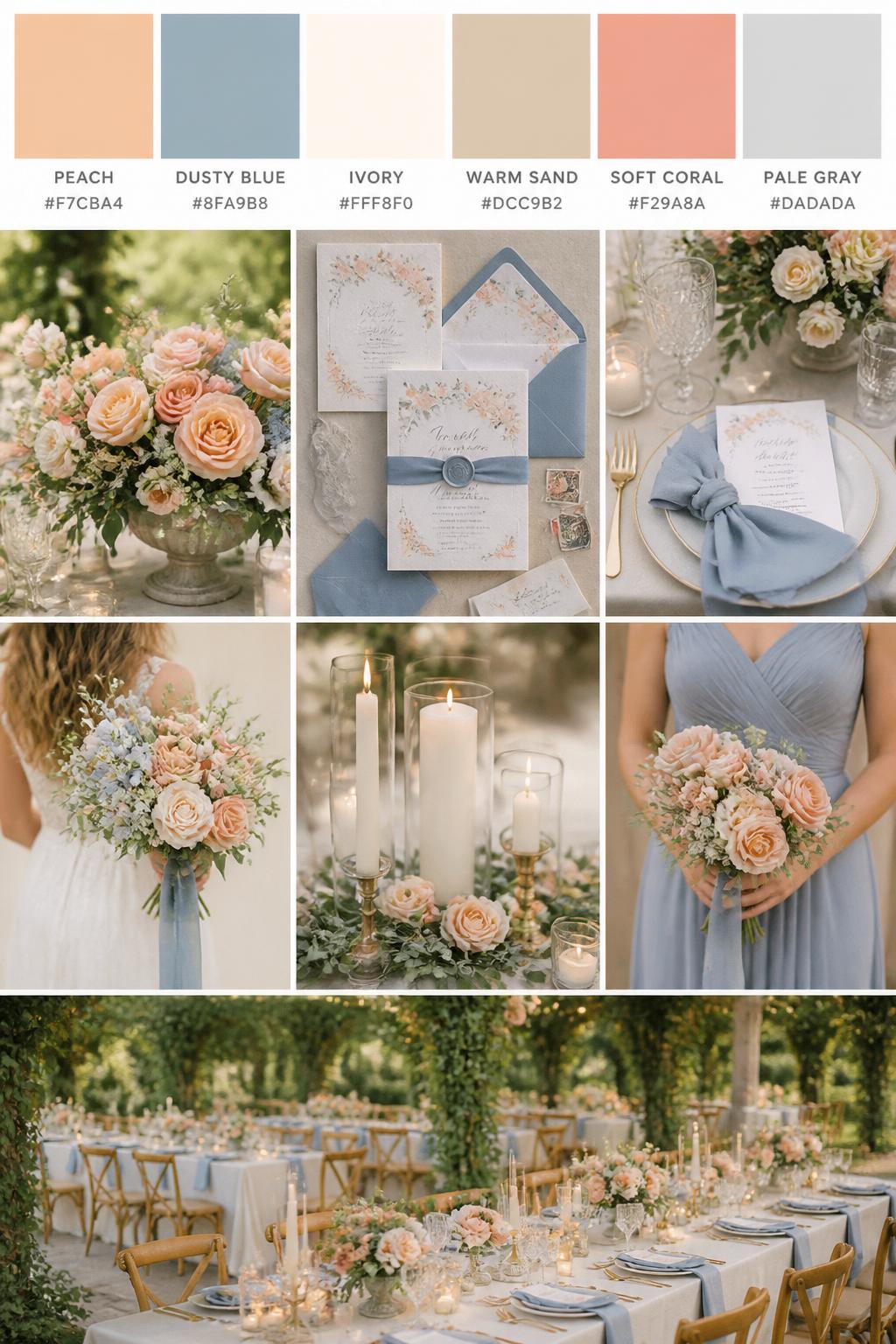 Image Prompt:
A realistic Pinterest-style wedding palette board with a top row of swatches and hex codes in peach, dusty blue, ivory, warm sand, soft coral, and pale gray. Below the swatches, create a polished garden wedding collage with peach flowers, dusty blue ribbon, ivory candles, elegant place settings, romantic stationery, a side-view bouquet shot, a bridesmaid dress detail cropped below the shoulders, and a no-people reception tablescape surrounded by soft greenery. Use varied no-face compositions, including hands-only details, back-view styling, side-view crops, and no-people decor scenes. DSLR photo realism, 9:16 vertical format. (no watermarks on images)