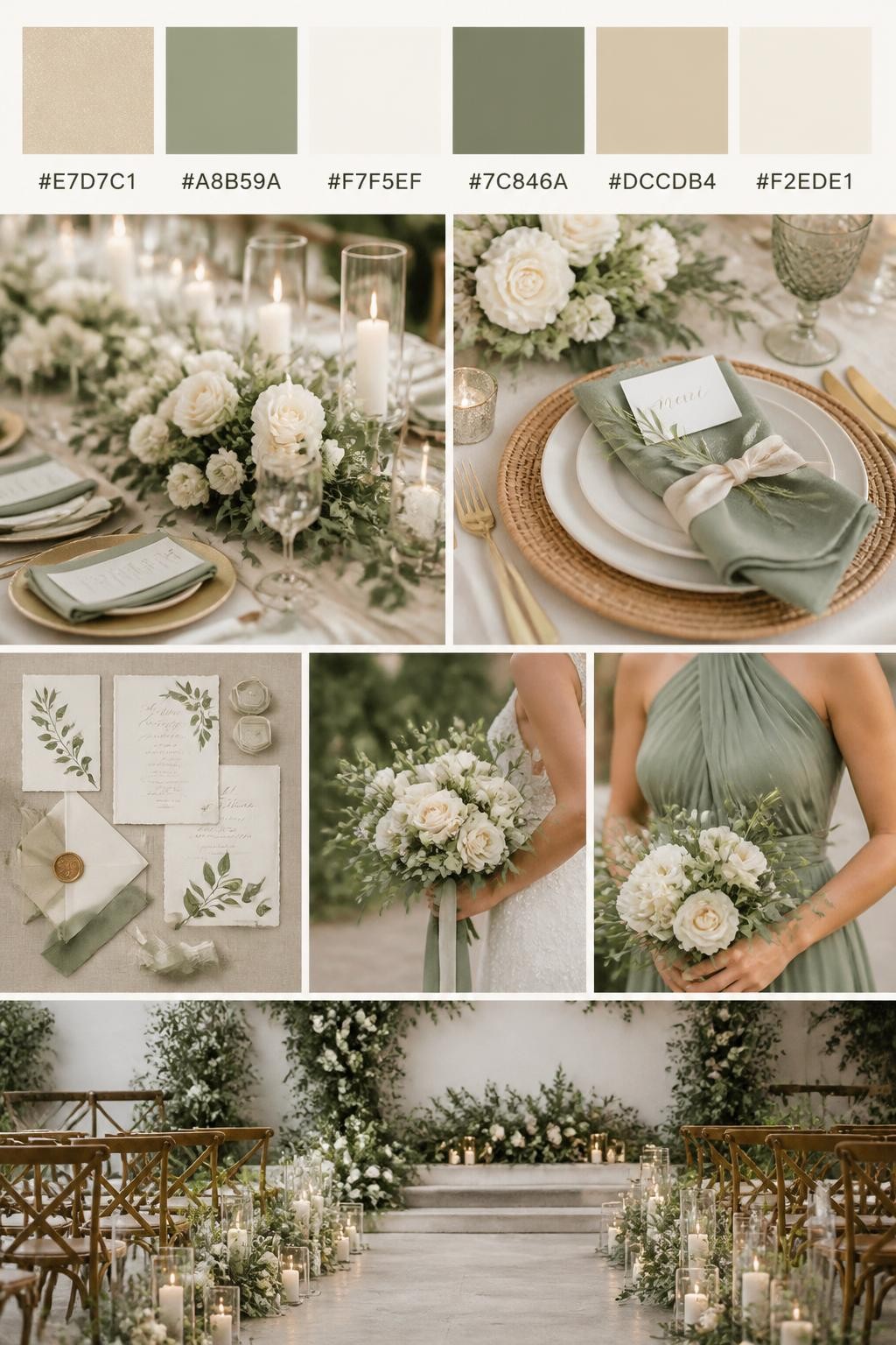 Image Prompt:
A realistic Pinterest-style wedding palette board with a top row of swatches and hex codes in champagne, sage green, ivory, muted olive, warm beige, and soft cream. Below the swatches, create a calm wedding collage with sage greenery, ivory florals, champagne table details, natural place settings, elegant stationery, a side-view bouquet shot, a bridesmaid dress detail cropped below the shoulders, and a no-people ceremony setup with greenery and candles. Use varied no-face compositions, including hands-only details, back-view styling, side-view crops, and no-people decor scenes. DSLR photo realism, 9:16 vertical format. (no watermarks on images)