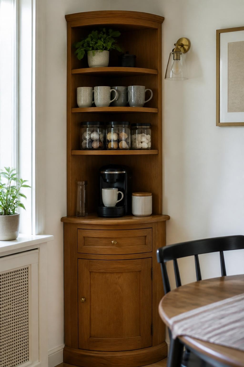 A realistic DSLR photo of a compact corner coffee hutch with curved open shelves, warm oak finish, small coffee machine in the lower open section, mugs arranged on rounded shelves, clear jars of pods and sugar, tiny wall sconce above, neutral apartment dining corner, soft morning light, realistic small-space home decor photography, no people.