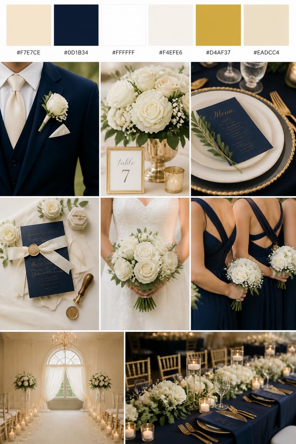 Image Prompt:
A realistic vertical wedding mood board with a top palette strip showing hex codes in champagne, navy blue, white, ivory, soft gold, and pale beige. Below the swatches, show a classic romantic collage of navy suit details, white flowers, champagne table accents, polished table settings, invitation styling, a bouquet held in front of the body with no face visible, cropped bridesmaid dress details, and warm ceremony decor. Use varied no-face compositions such as side views, back views, hand-held bouquet close-ups, and no-people tablescape shots. DSLR realism, Pinterest-style collage layout, 9:16 vertical format. (no watermarks on images)