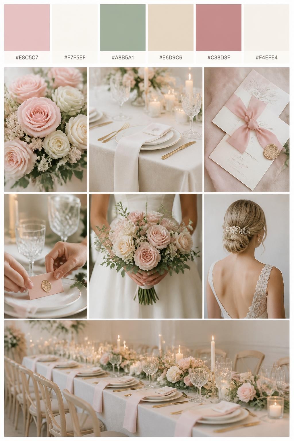 Image Prompt:
A realistic pink wedding color palette mood board in a Pinterest-style collage layout. Add a top row of clean color swatches with small hex codes in blush pink, ivory, sage green, soft beige, dusty rose, and warm cream. Below the swatches, create a polished collage of wedding details: blush roses, ivory table linens, sage greenery, soft candlelight, elegant stationery with silk ribbon, a bouquet held at waist level with no face visible, hands adjusting place cards, a back-view bridal detail, and a no-people reception table scene. Use side views, back views, cropped-from-neck detail shots, hands-only styling, and no-people scenes to avoid showing faces. Soft natural light, romantic wedding styling, DSLR-style realism, 9:16 vertical format. No extra text except small hex codes on the palette strip. (no watermarks on images)