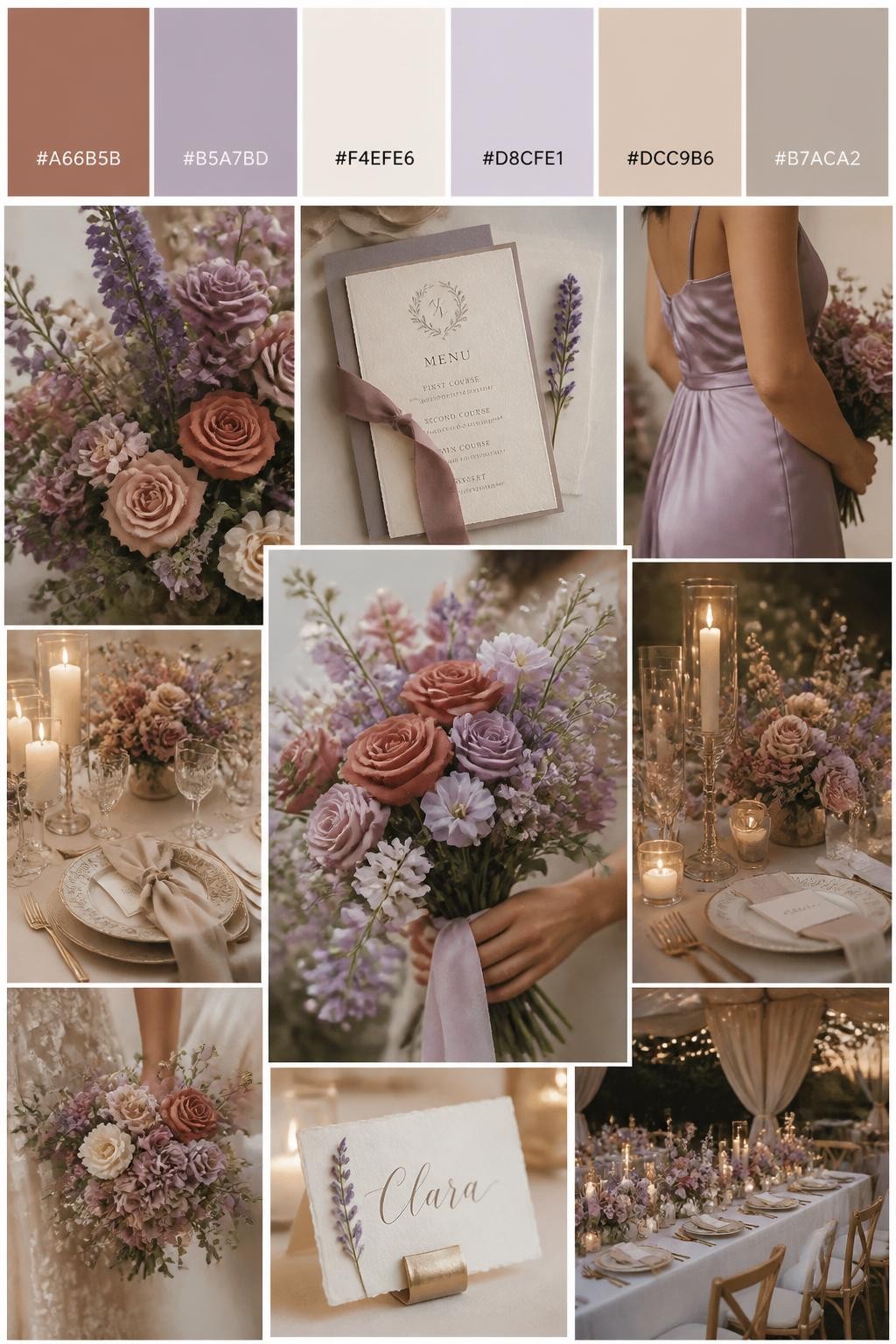 Image Prompt:
A realistic wedding mood board in a Pinterest-style collage layout. Add a top strip of swatches with small hex codes in cinnamon rose, lavender gray, cream, pale lilac, warm beige, and soft taupe. Below, create a dreamy romantic collage with lavender-gray flowers, cinnamon rose blooms, cream table decor, menu cards, bouquet close-ups, a side-view body detail of a bridesmaid dress with no face shown, hands holding flowers, and no-people reception styling under soft candlelight. Avoid clear faces completely by using cropped, turned-away, or detail-only compositions. DSLR-style realism, 9:16 vertical format. (no watermarks on images)